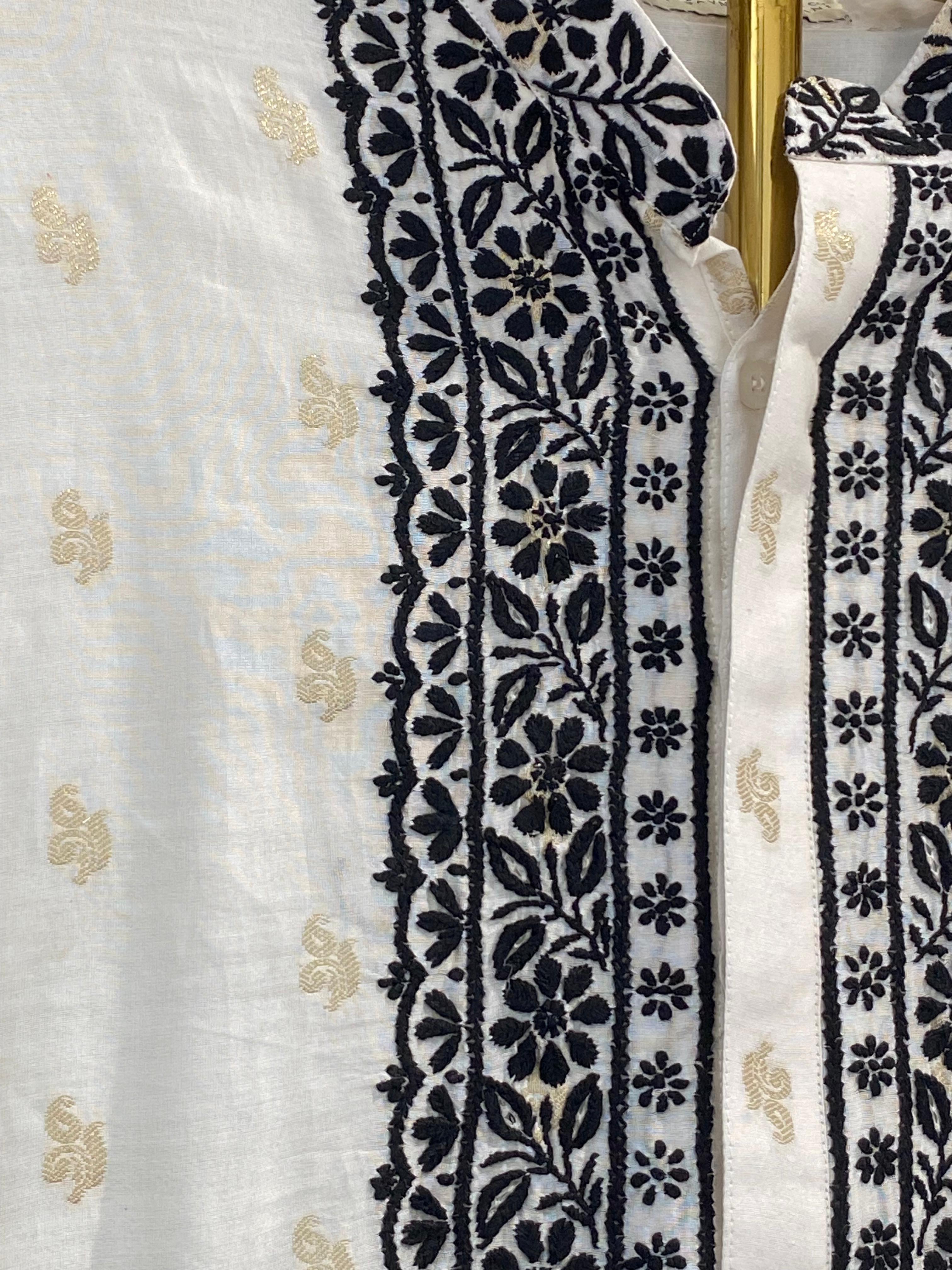 White chanderi chikankari men kurta