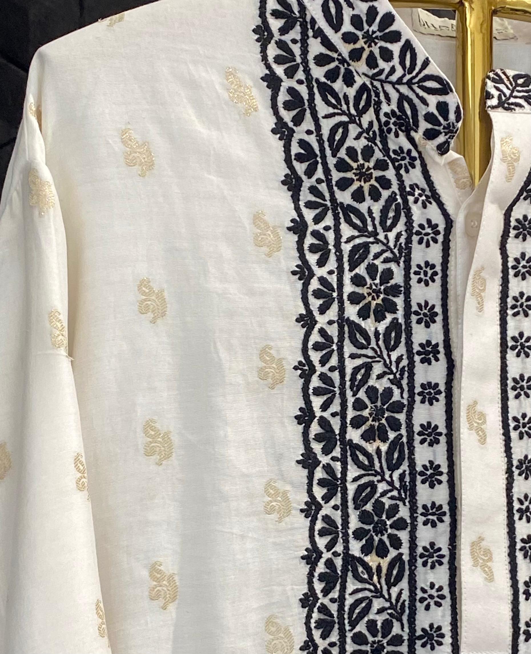 White chanderi chikankari men kurta