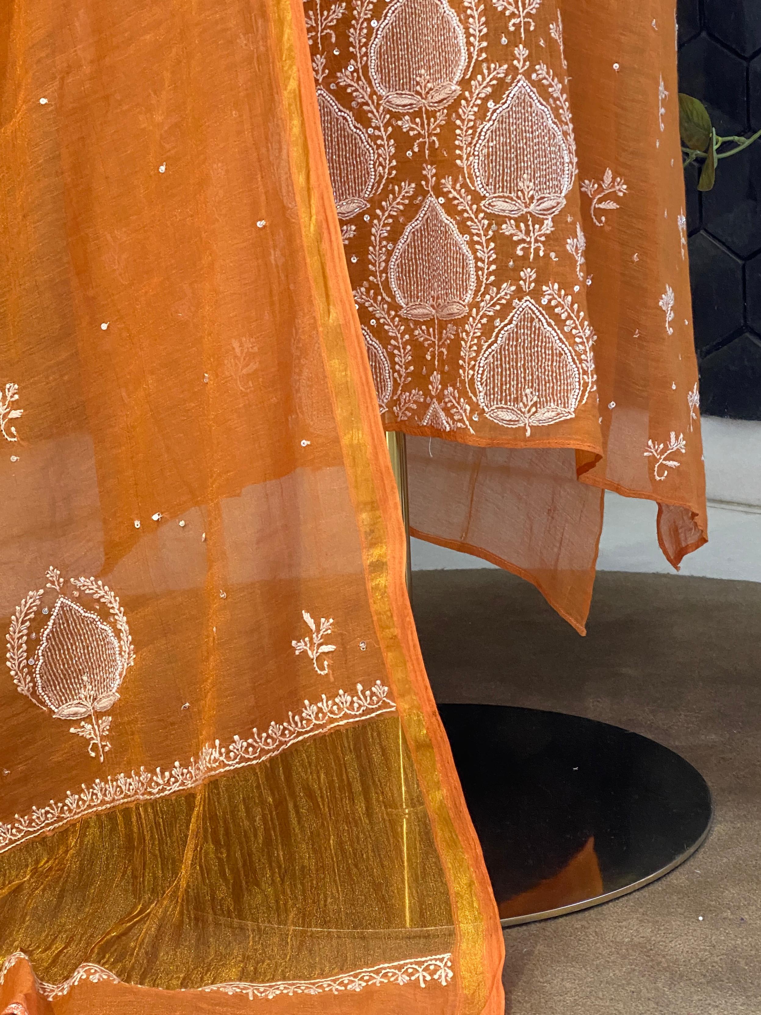 Orange Tissue Chikankari Kurta Set
