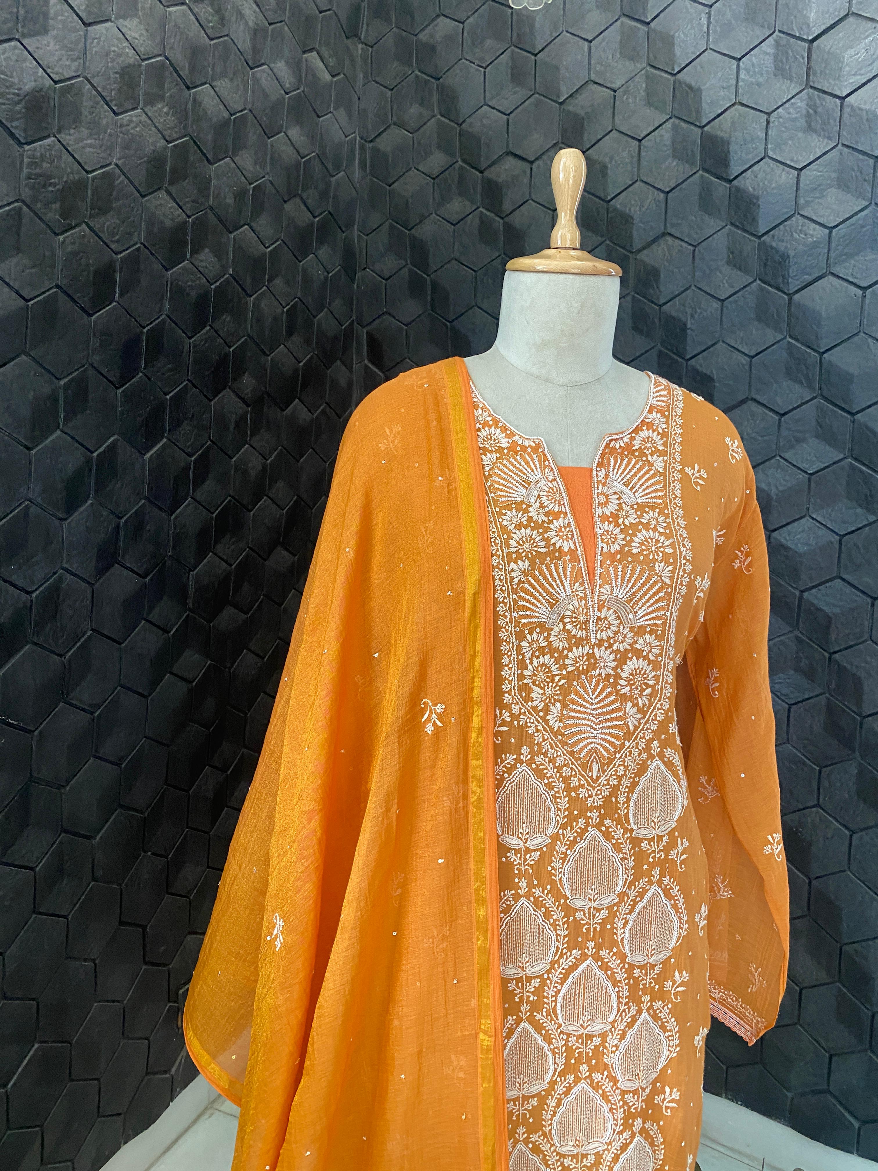 Orange Tissue Chikankari Kurta Set
