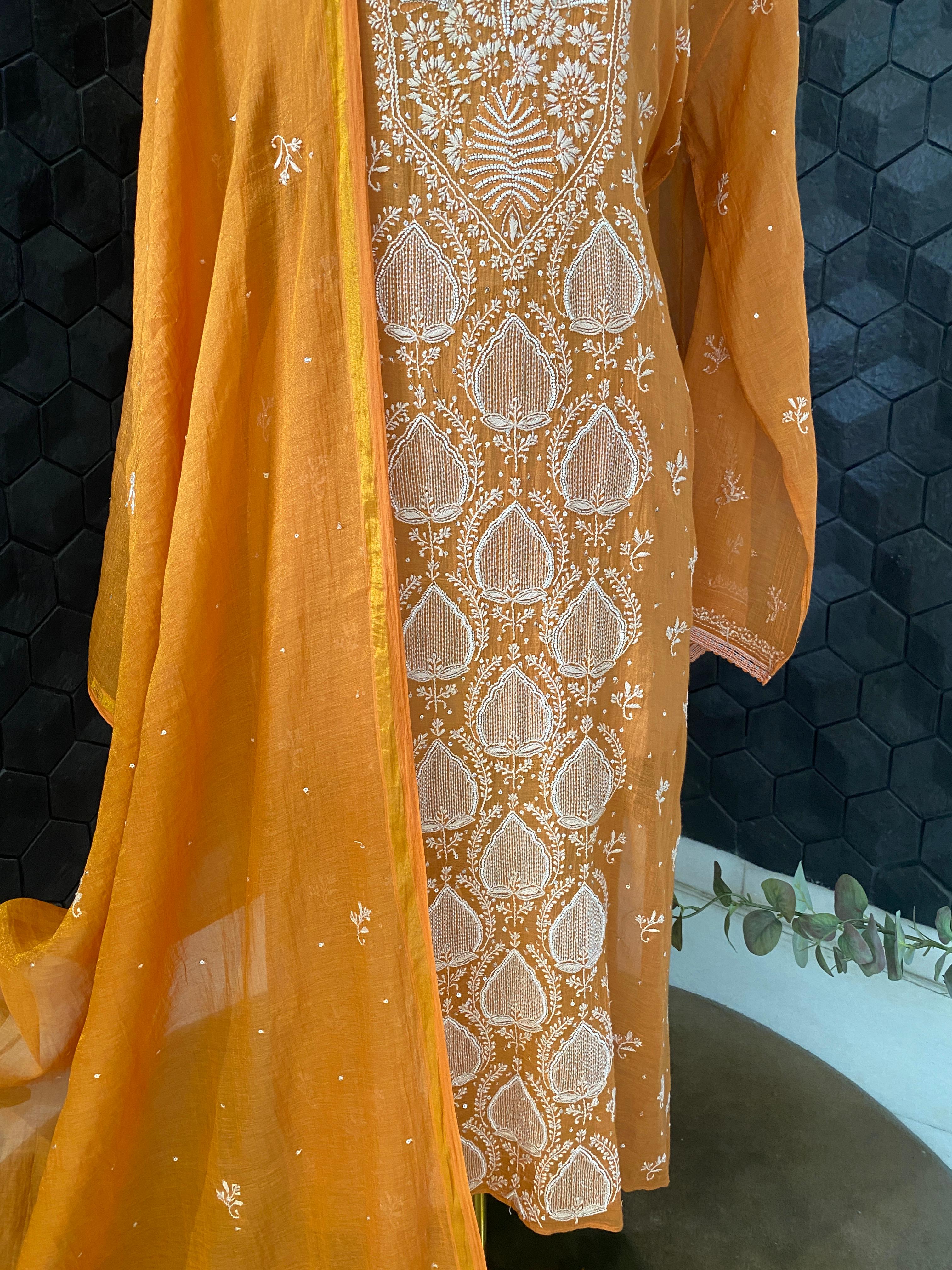 Orange Tissue Chikankari Kurta Set