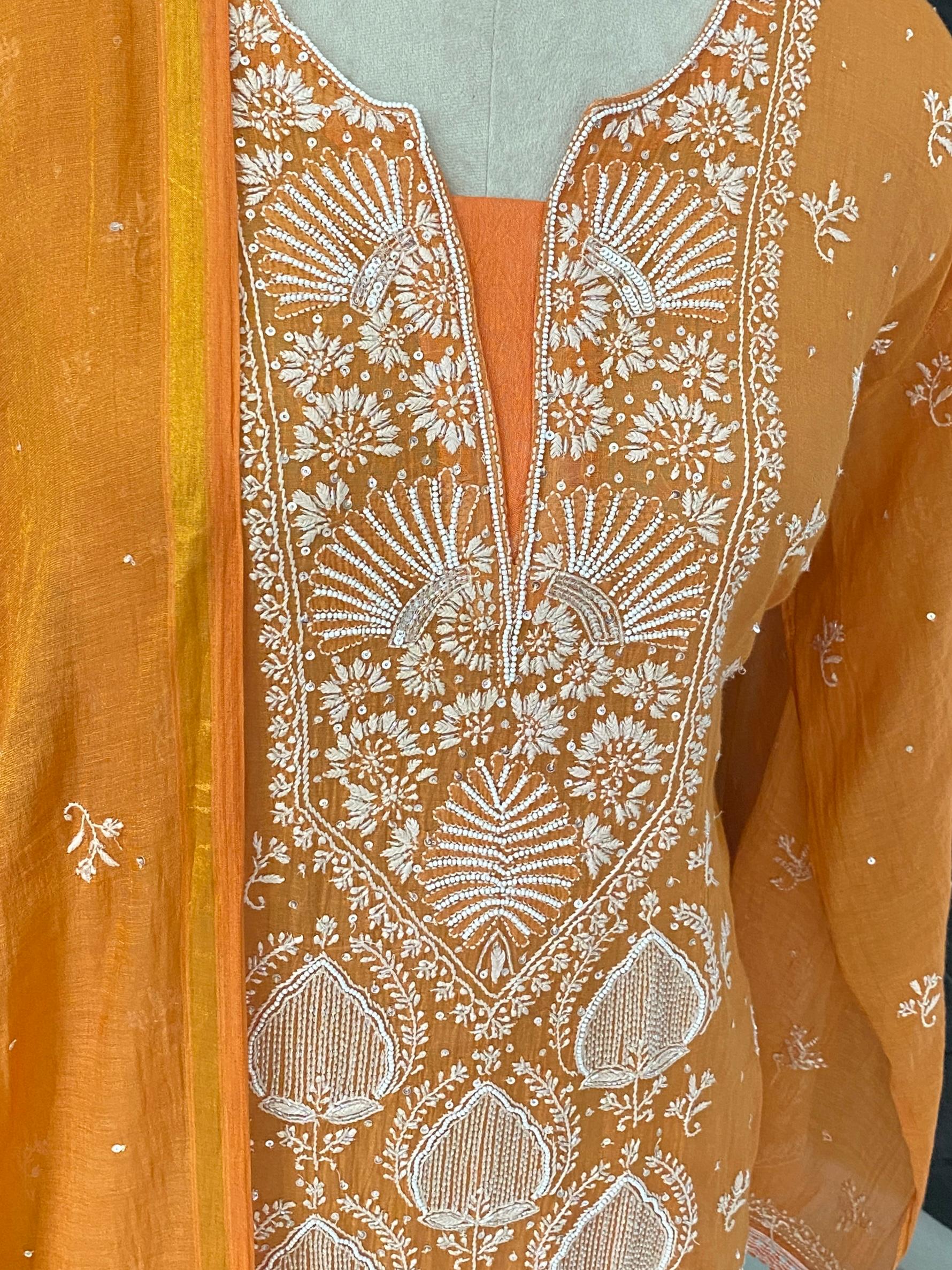 Orange Tissue Chikankari Kurta Set