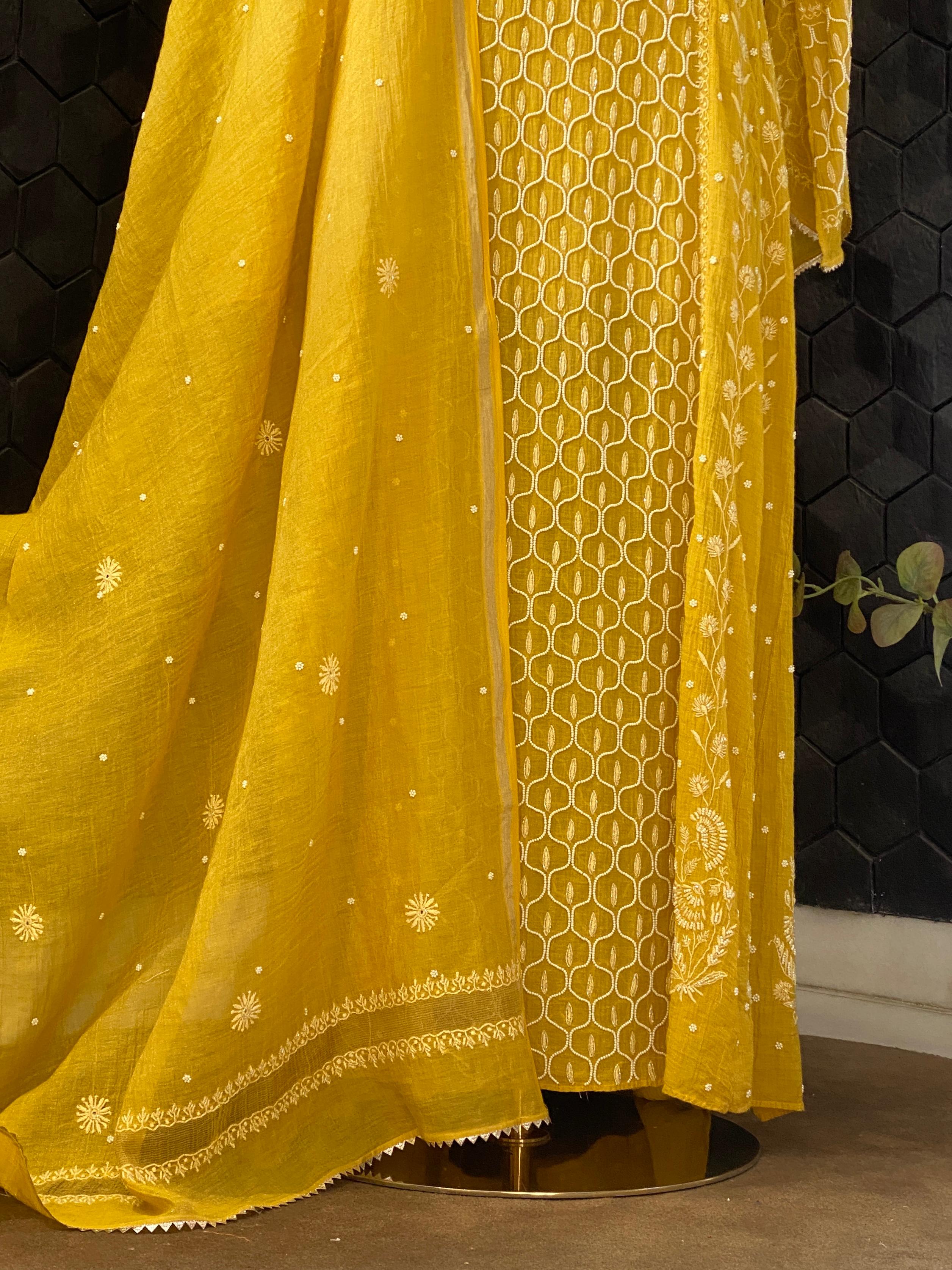 Yellow Silver Tissue Chikankari A-Line Kurta Set