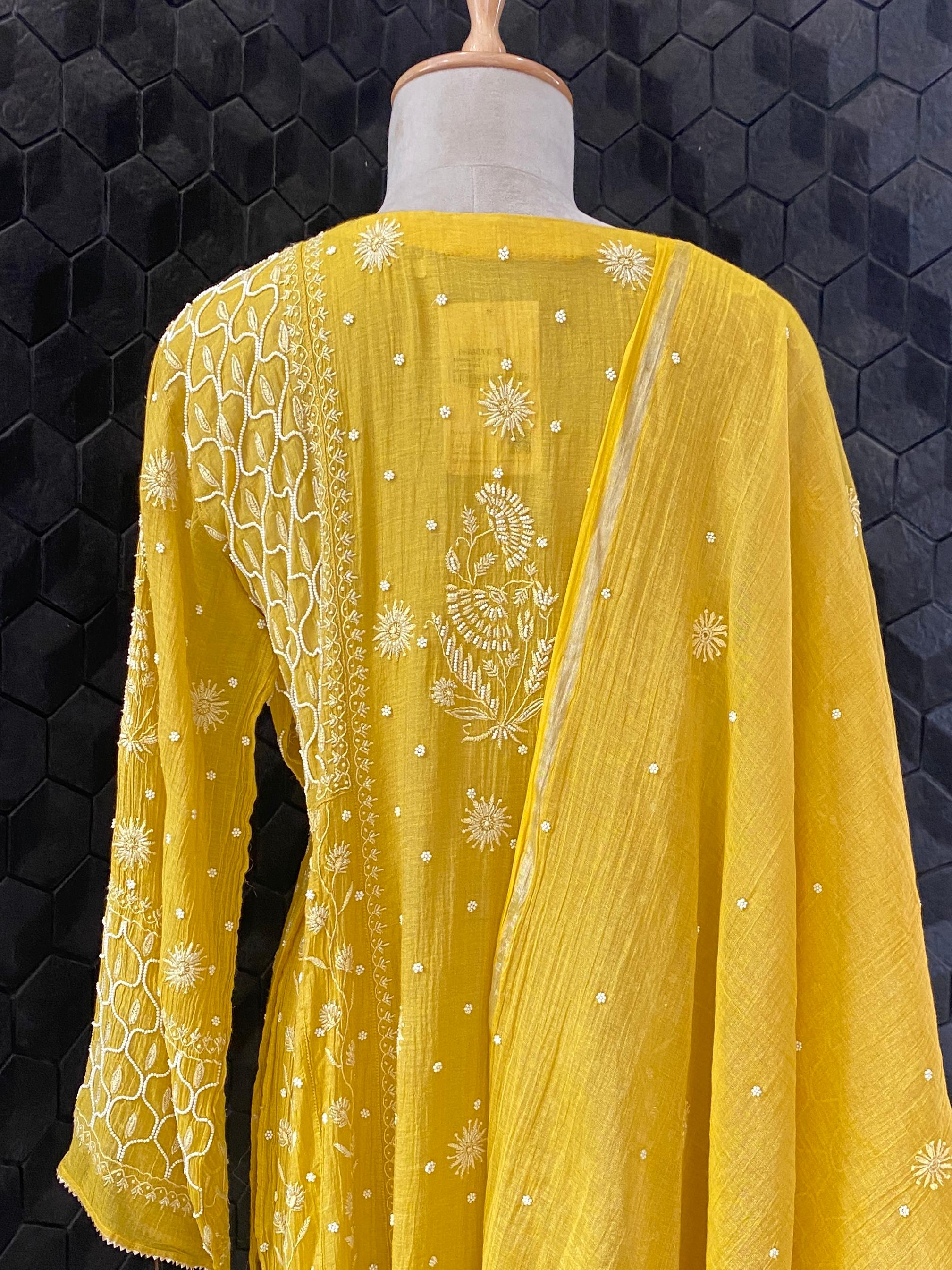 Yellow Silver Tissue Chikankari A-Line Kurta Set