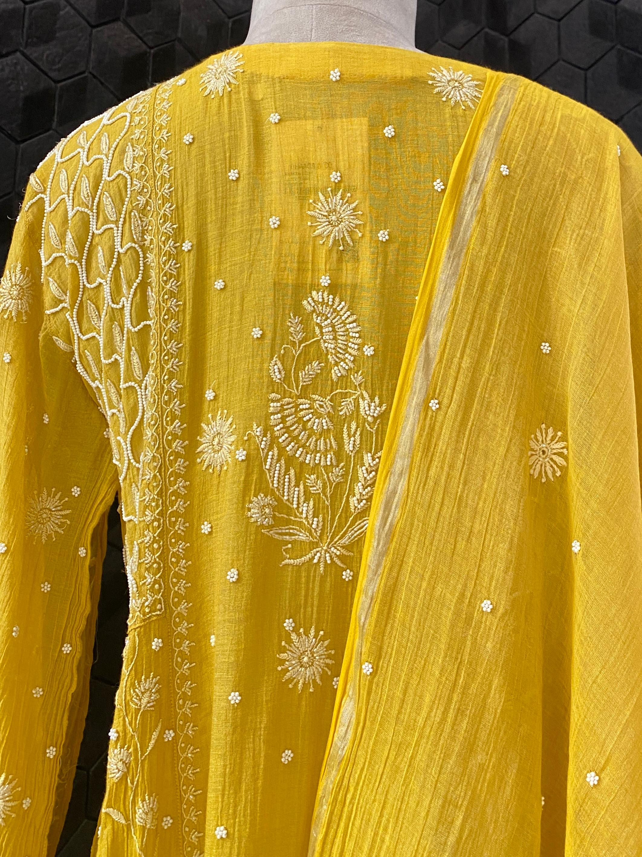 Yellow Silver Tissue Chikankari A-Line Kurta Set