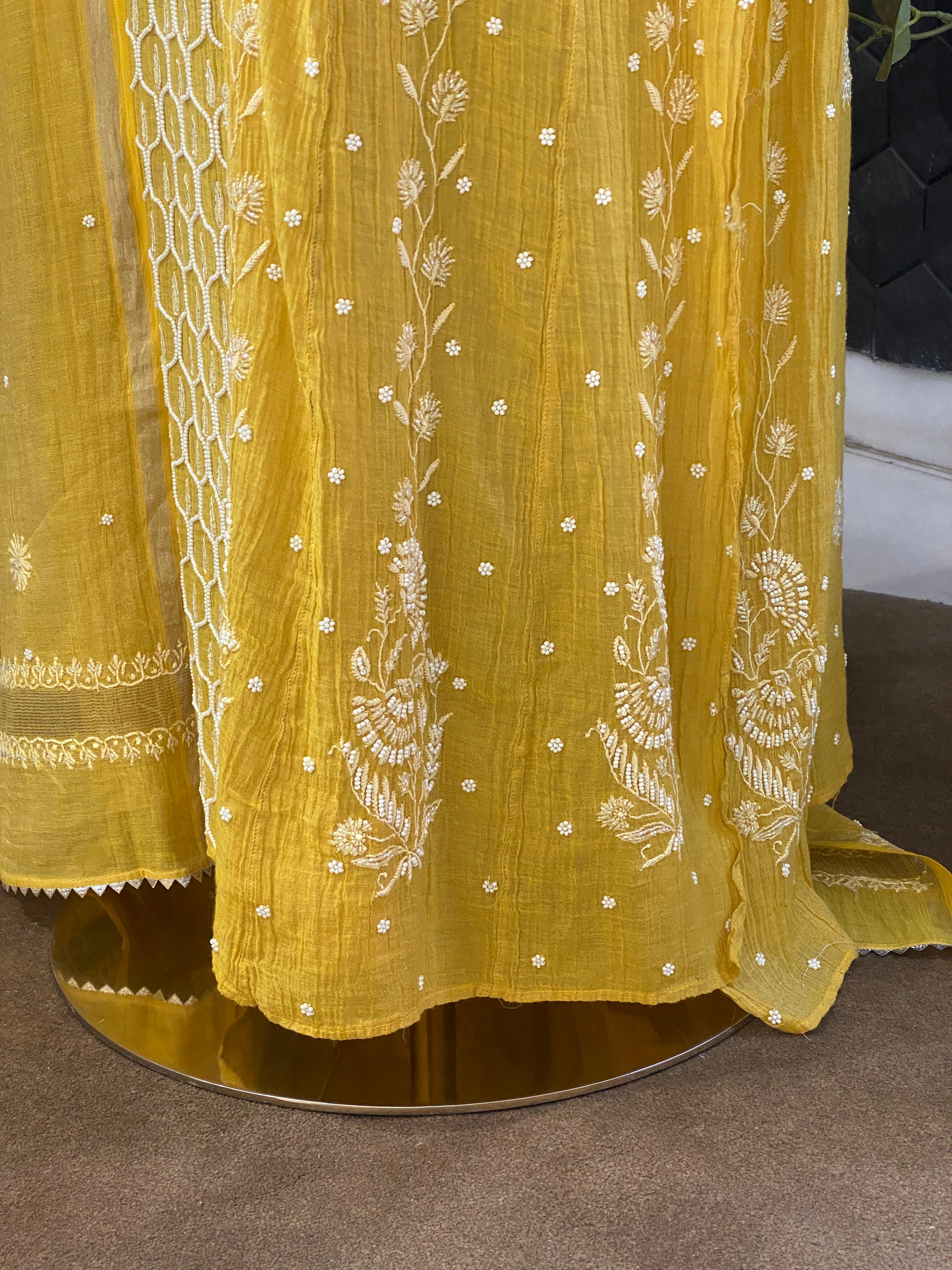 Yellow Silver Tissue Chikankari A-Line Kurta Set