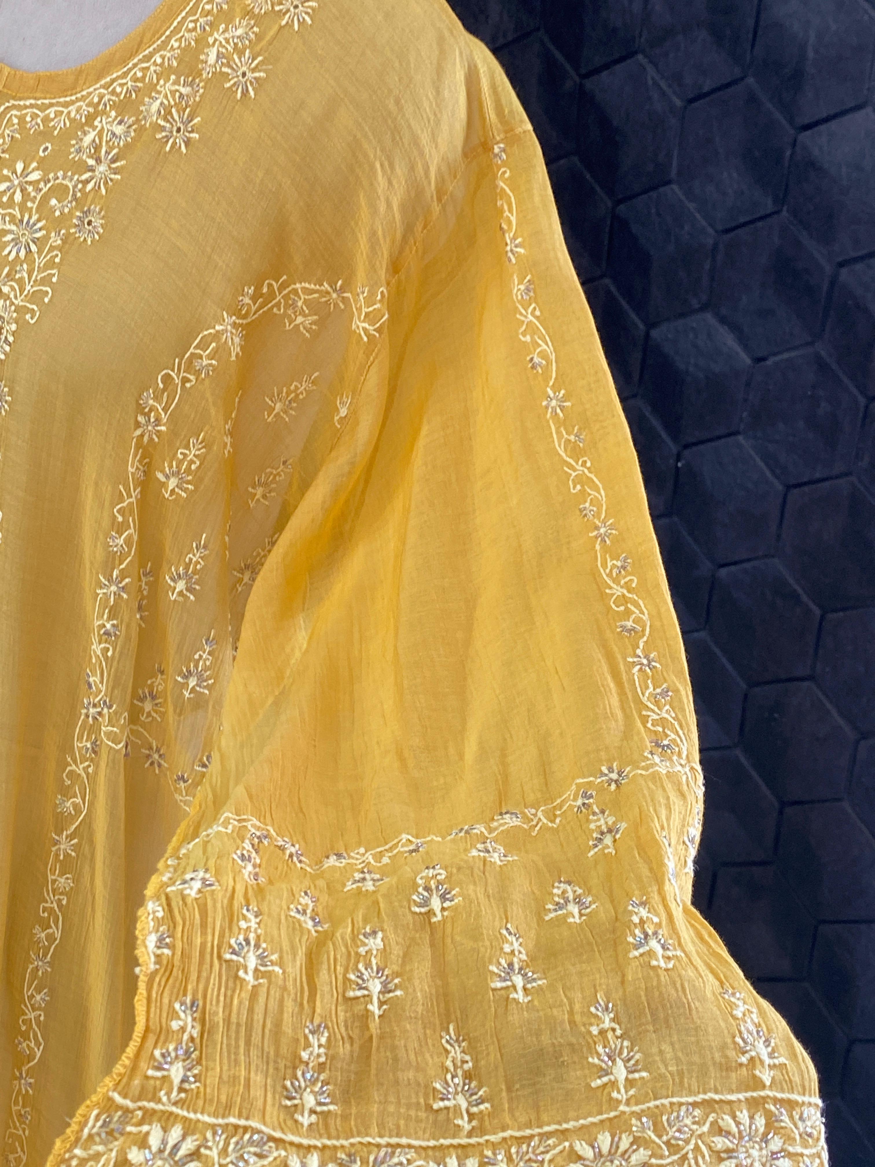 Mustard Tissue Chikankari Kurta Set