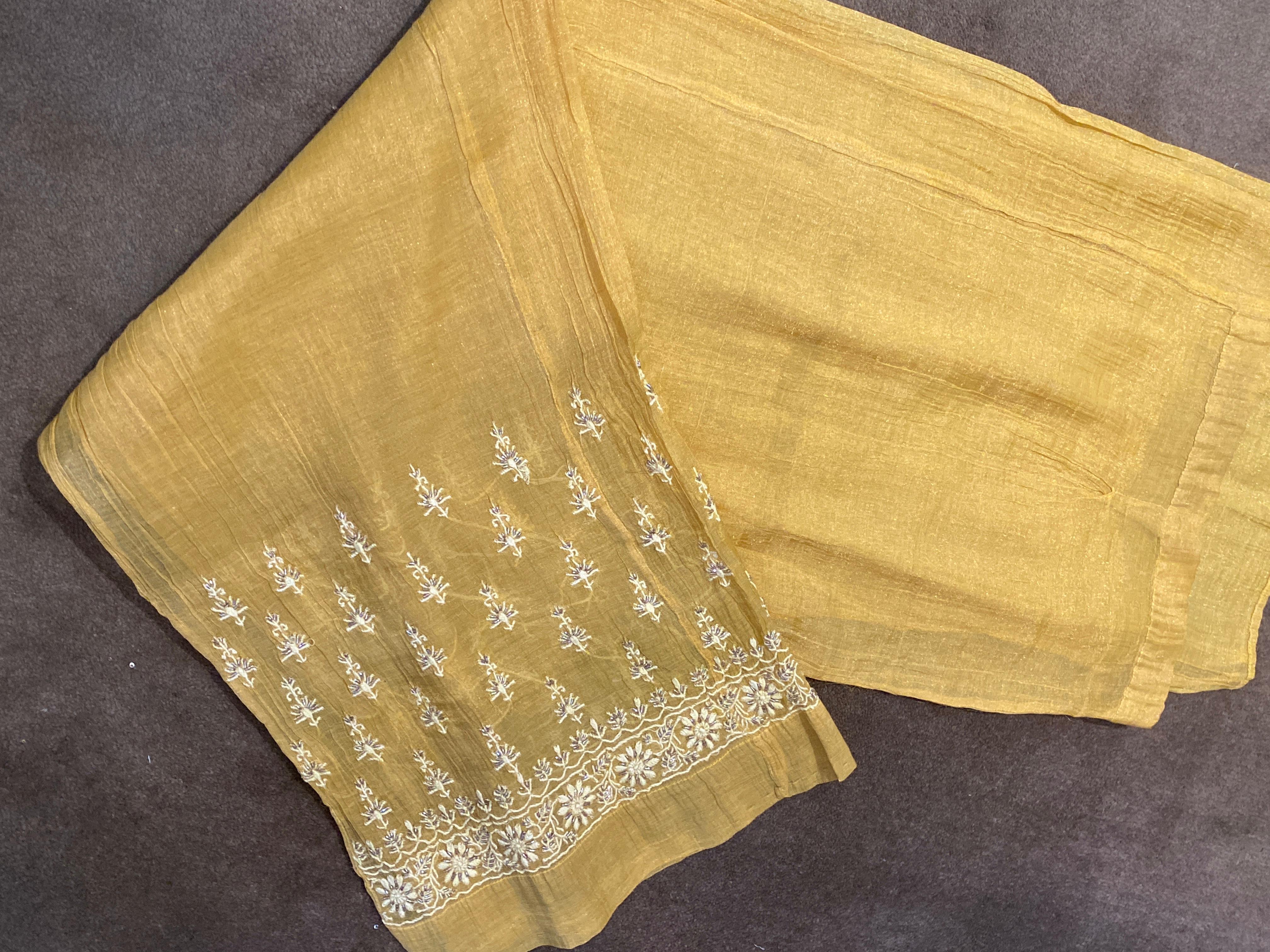 Mustard Tissue Chikankari Kurta Set