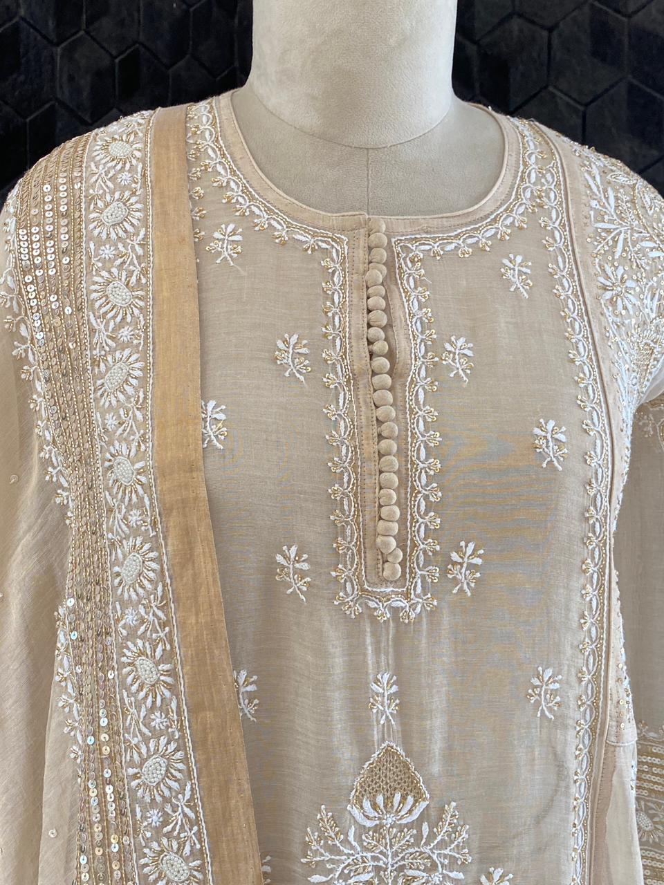 Golden Tissue Chikankari Anarkali Set