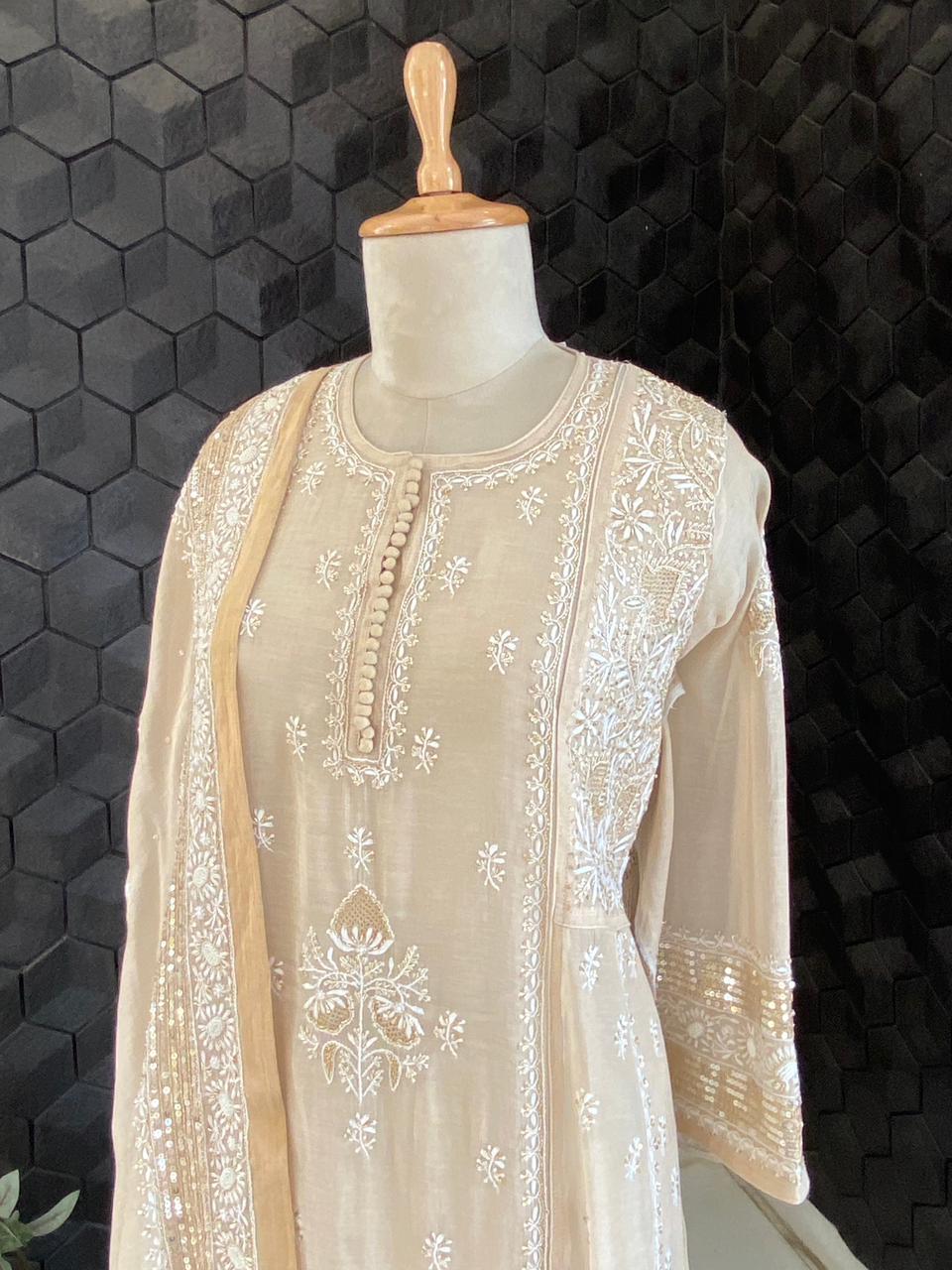 Golden Tissue Chikankari Anarkali Set