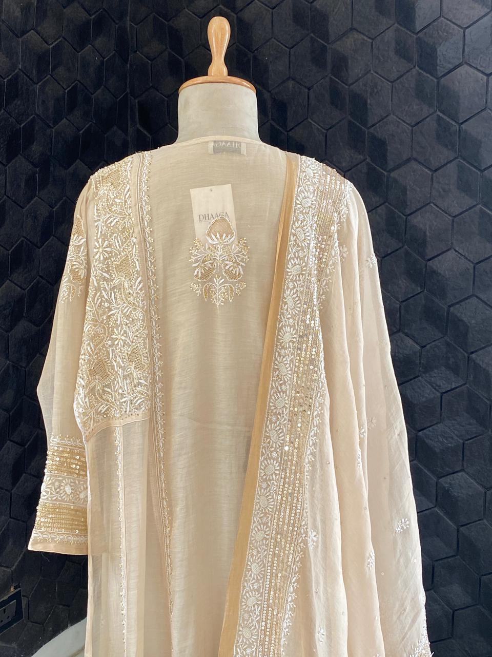 Golden Tissue Chikankari Anarkali Set