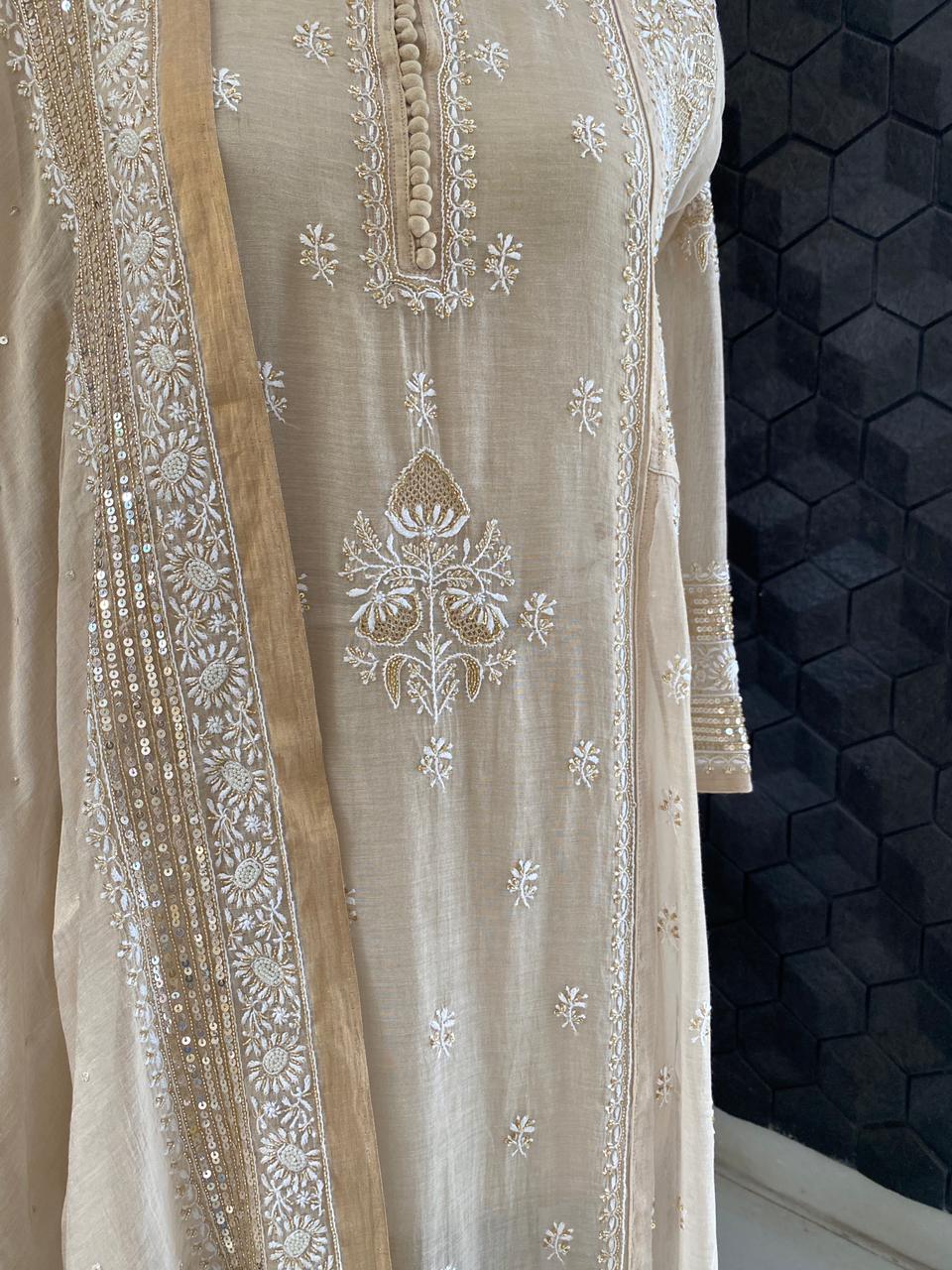 Golden Tissue Chikankari Anarkali Set