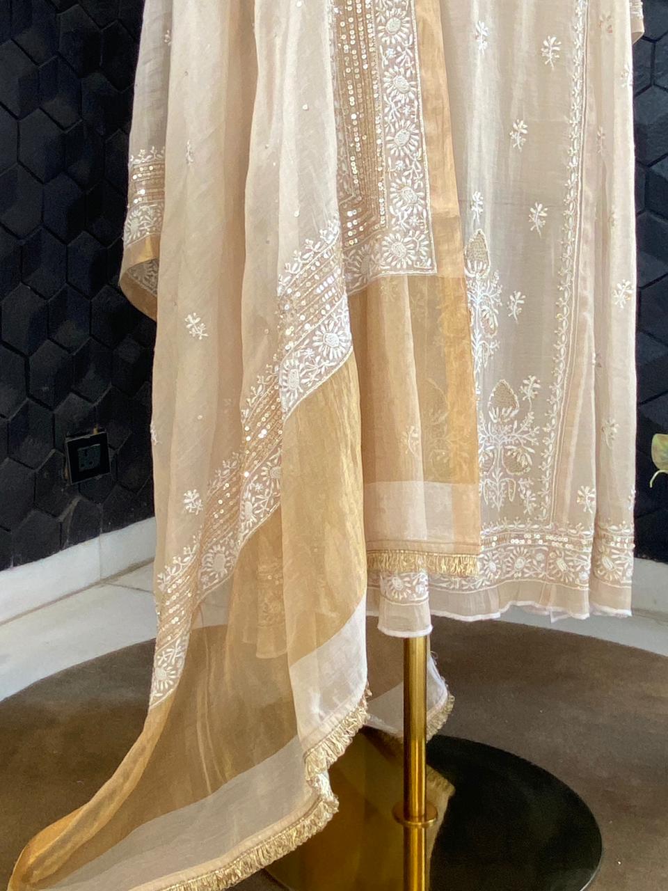 Golden Tissue Chikankari Anarkali Set