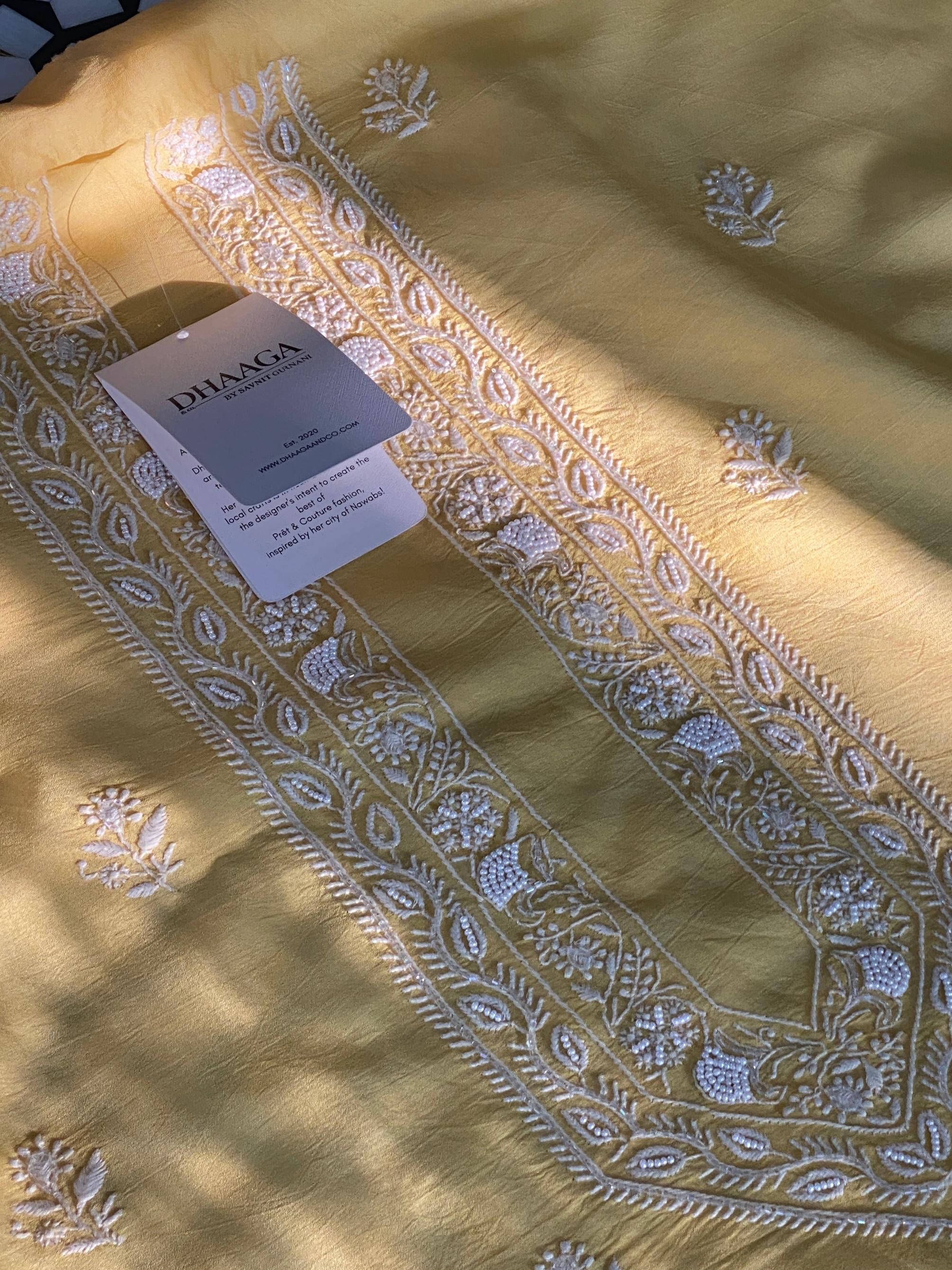 Yellow chanderi chikankari men kurta