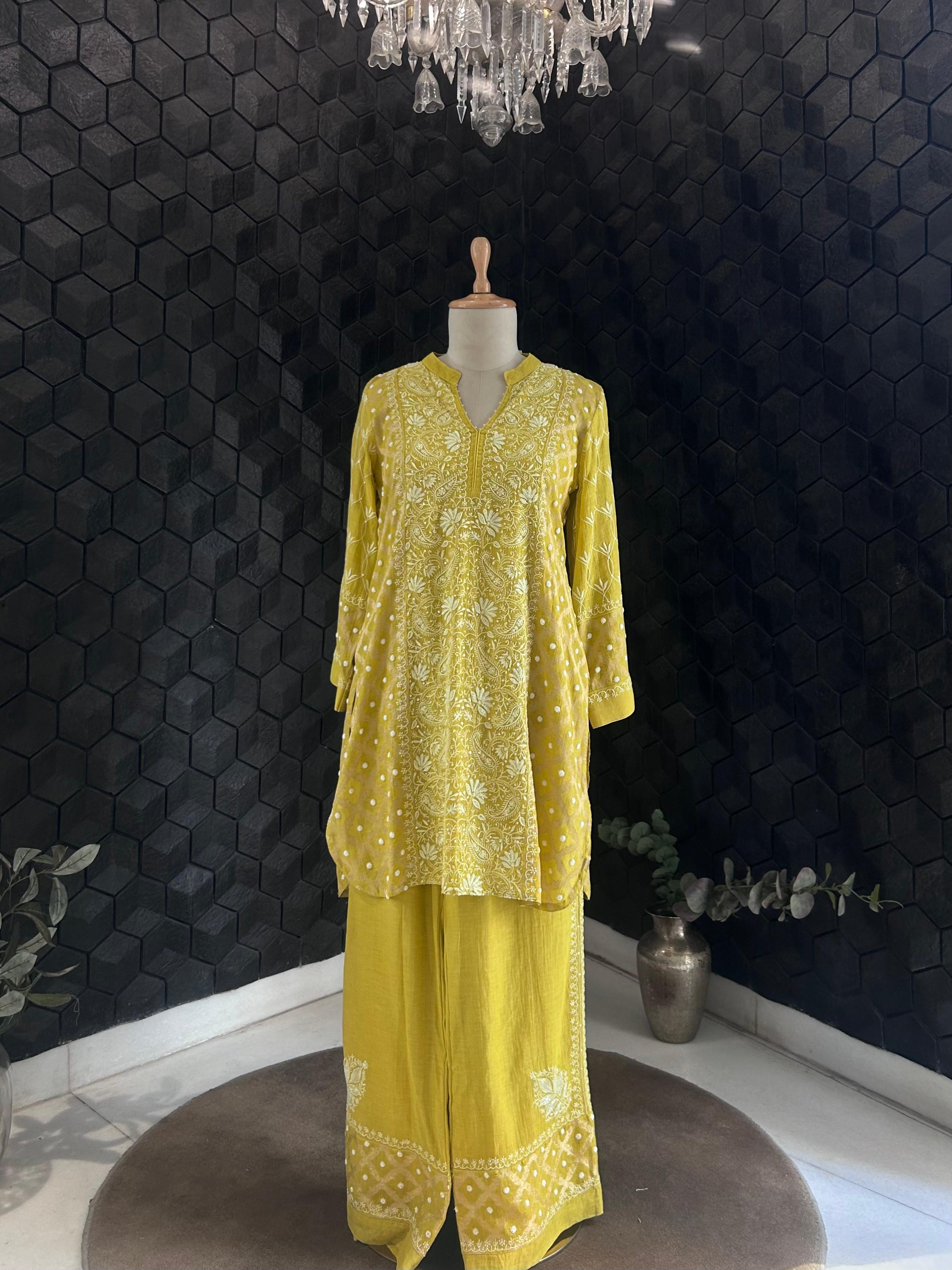 Lime Green Golden Tissue Chikankari Co-ord Set