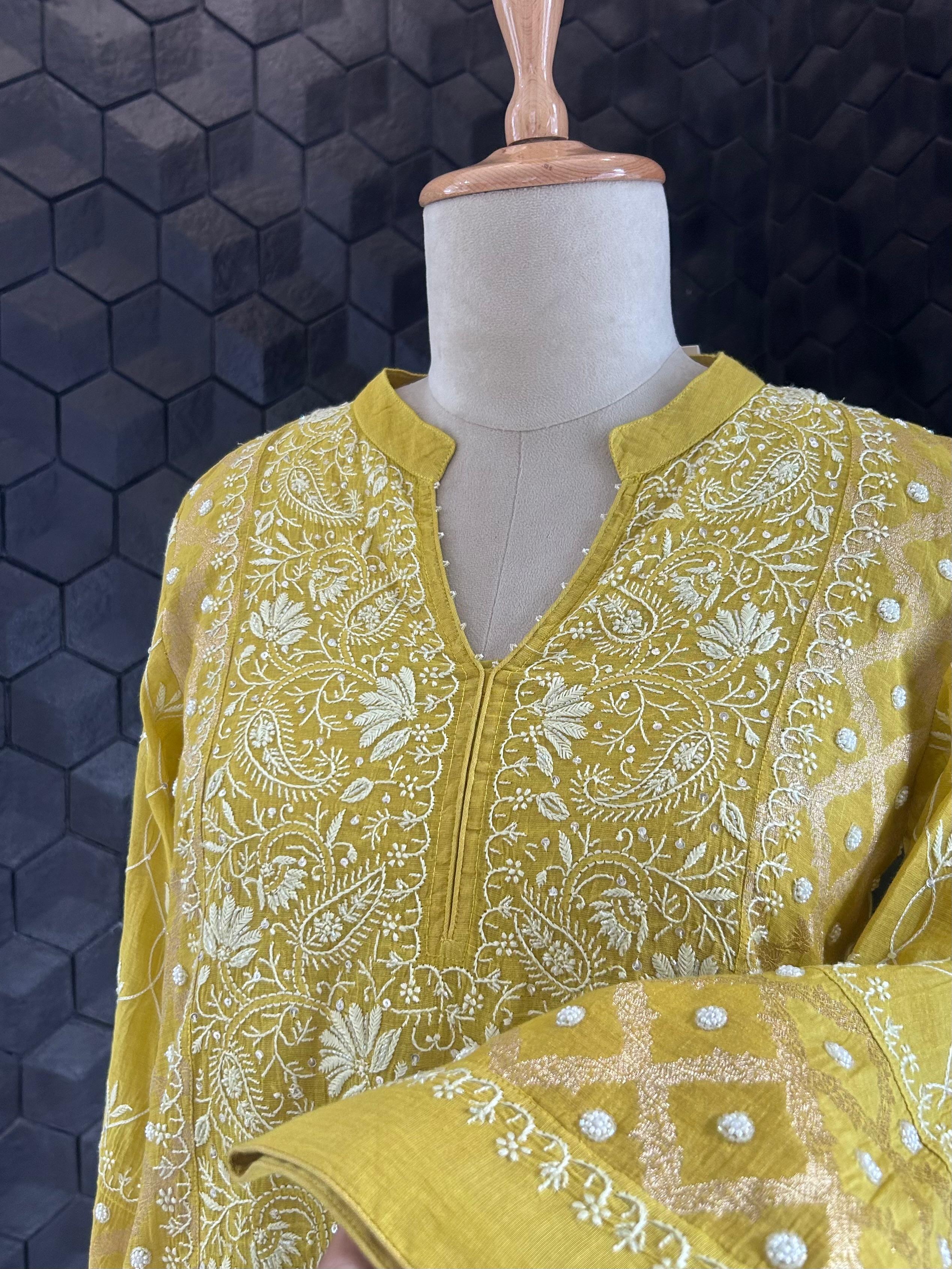 Lime Green Golden Tissue Chikankari Co-ord Set
