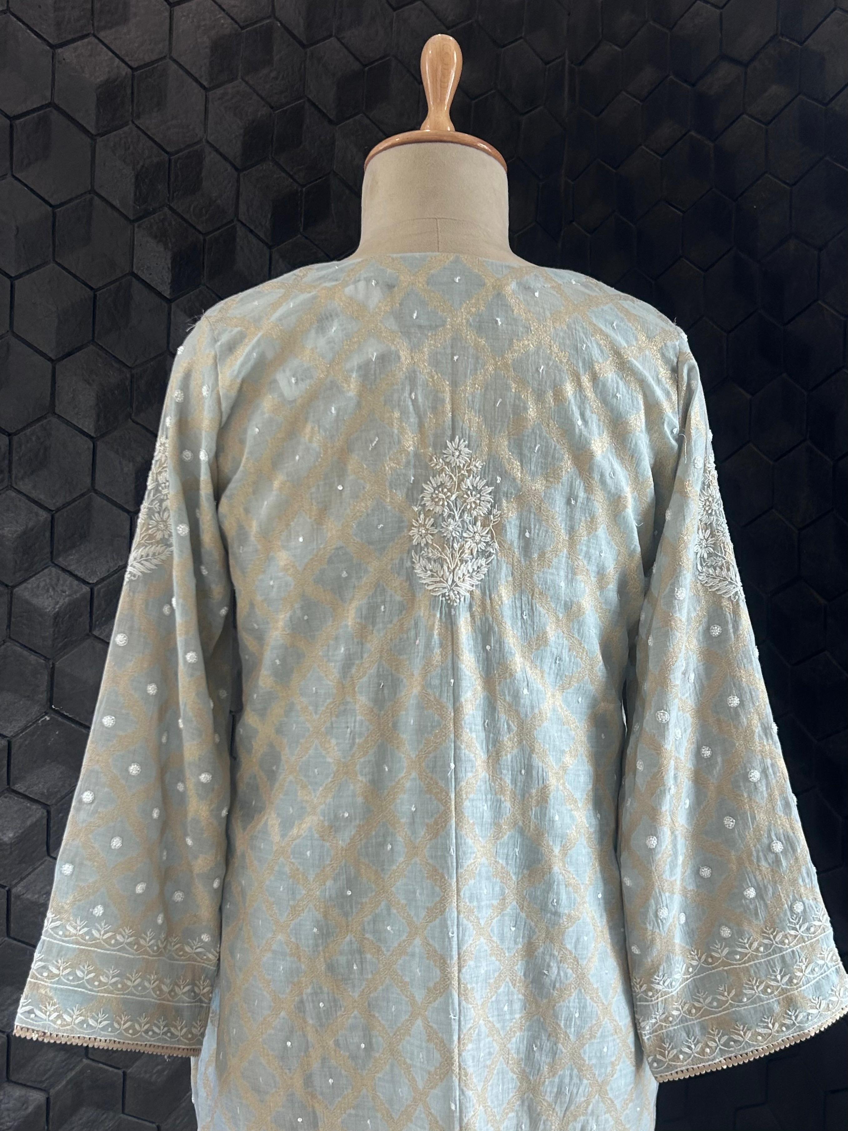 Grey Silver Tissue Chikankari Co-ord Set