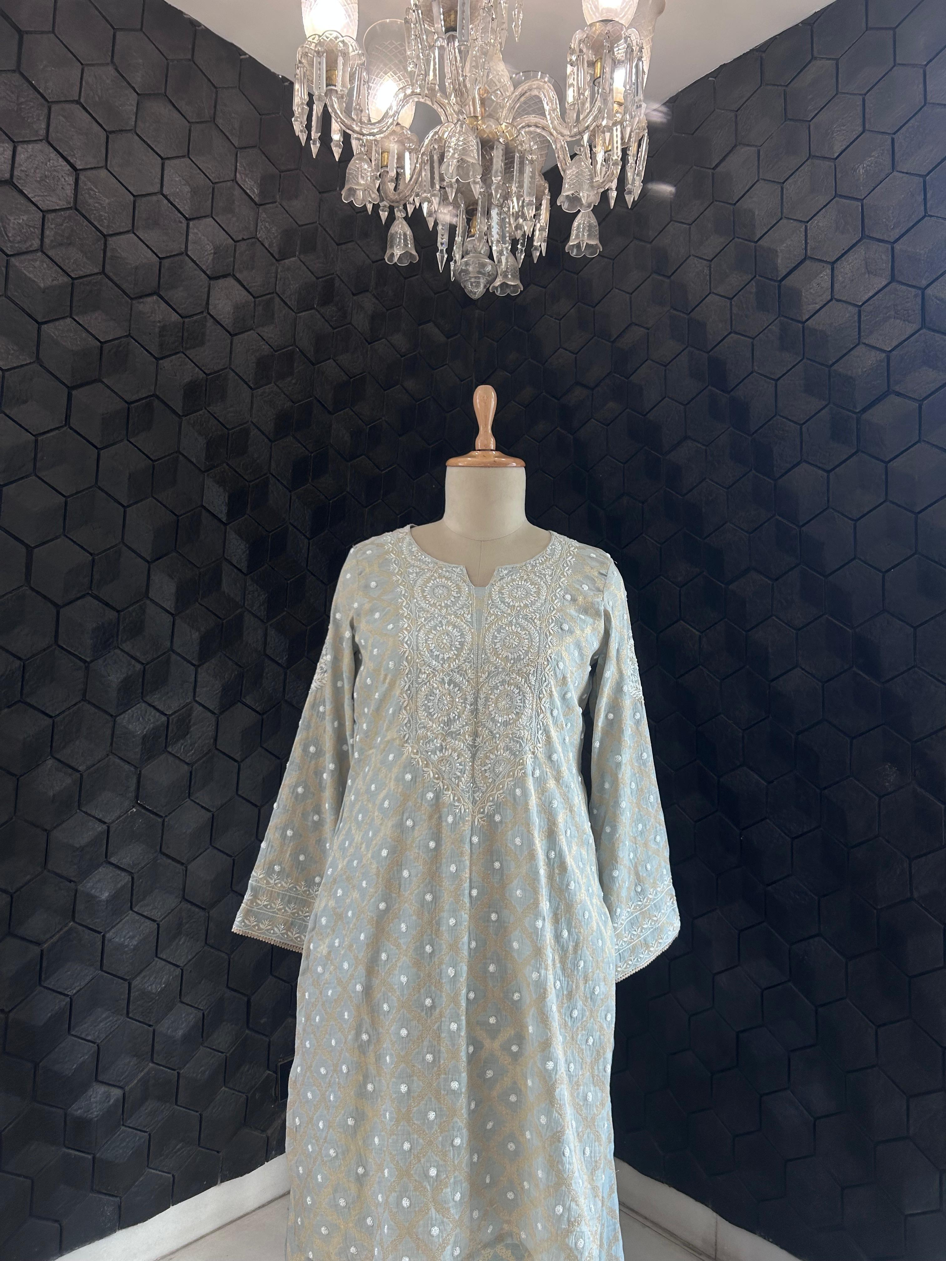 Grey Silver Tissue Chikankari Co-ord Set