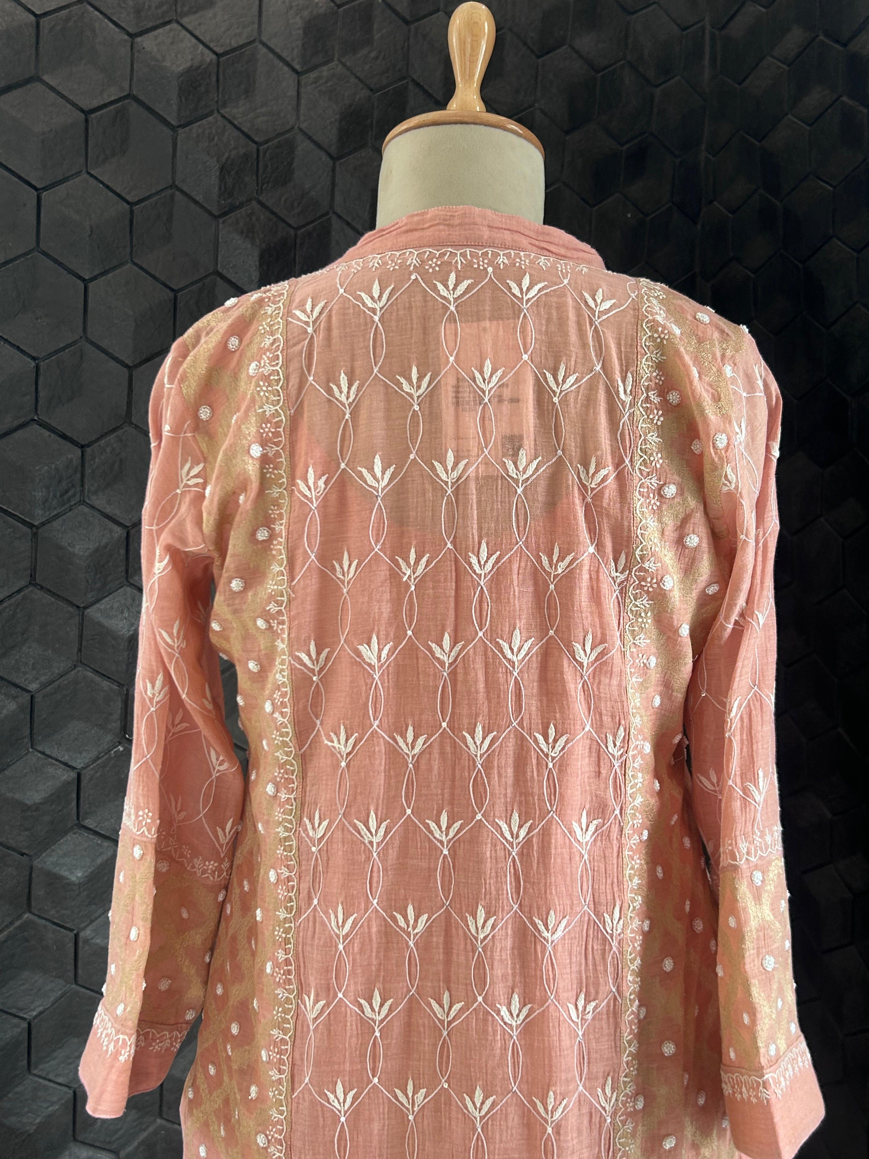 Pink Silver Tissue Chikankari Co-ord Set