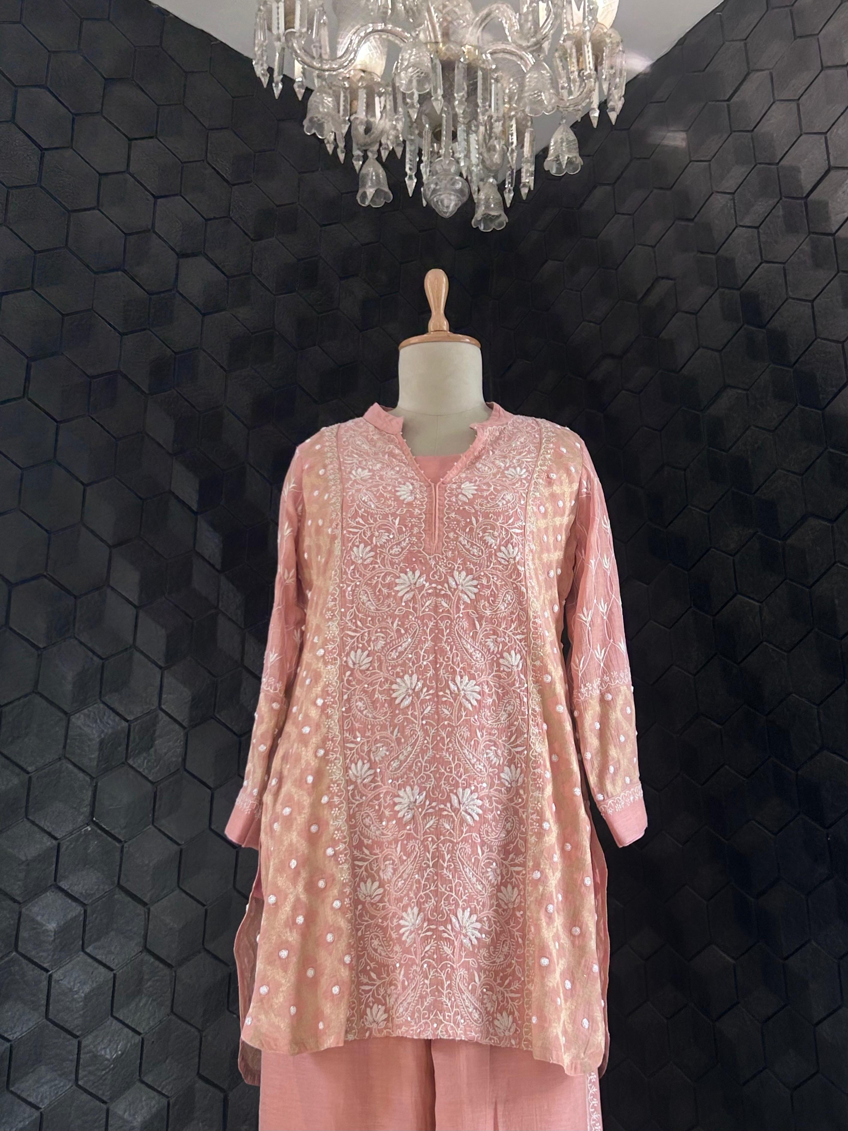 Pink Silver Tissue Chikankari Co-ord Set