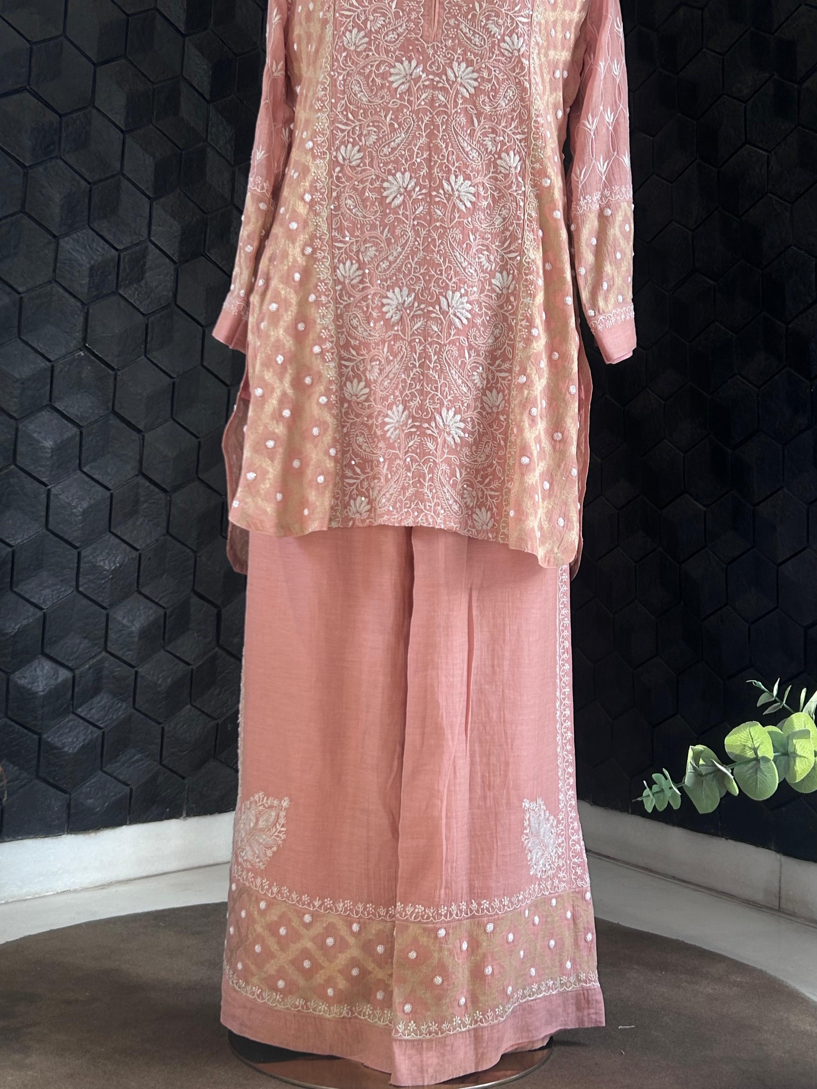 Pink Silver Tissue Chikankari Co-ord Set