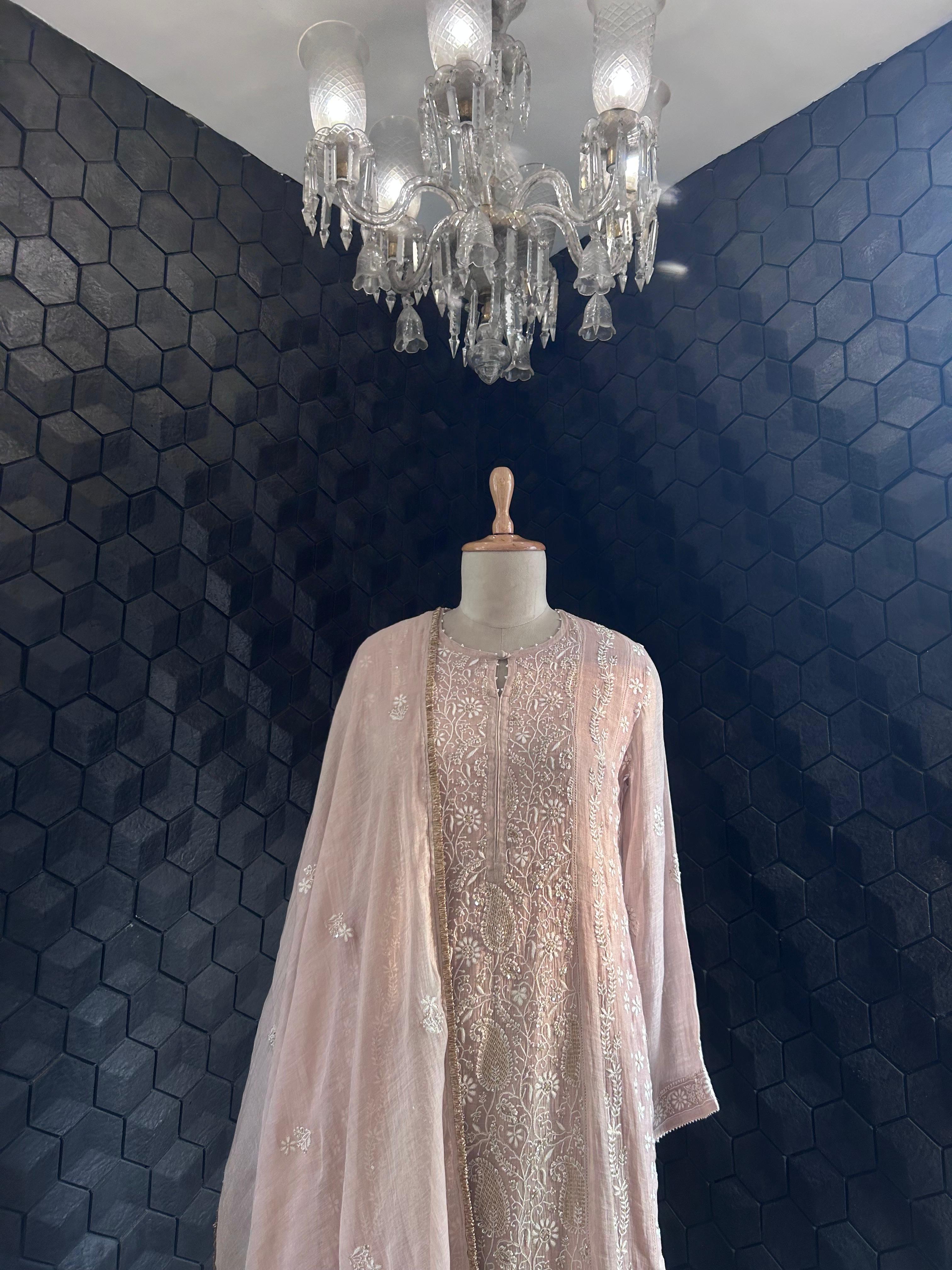 Pink Tissue Chikankari Suit Set