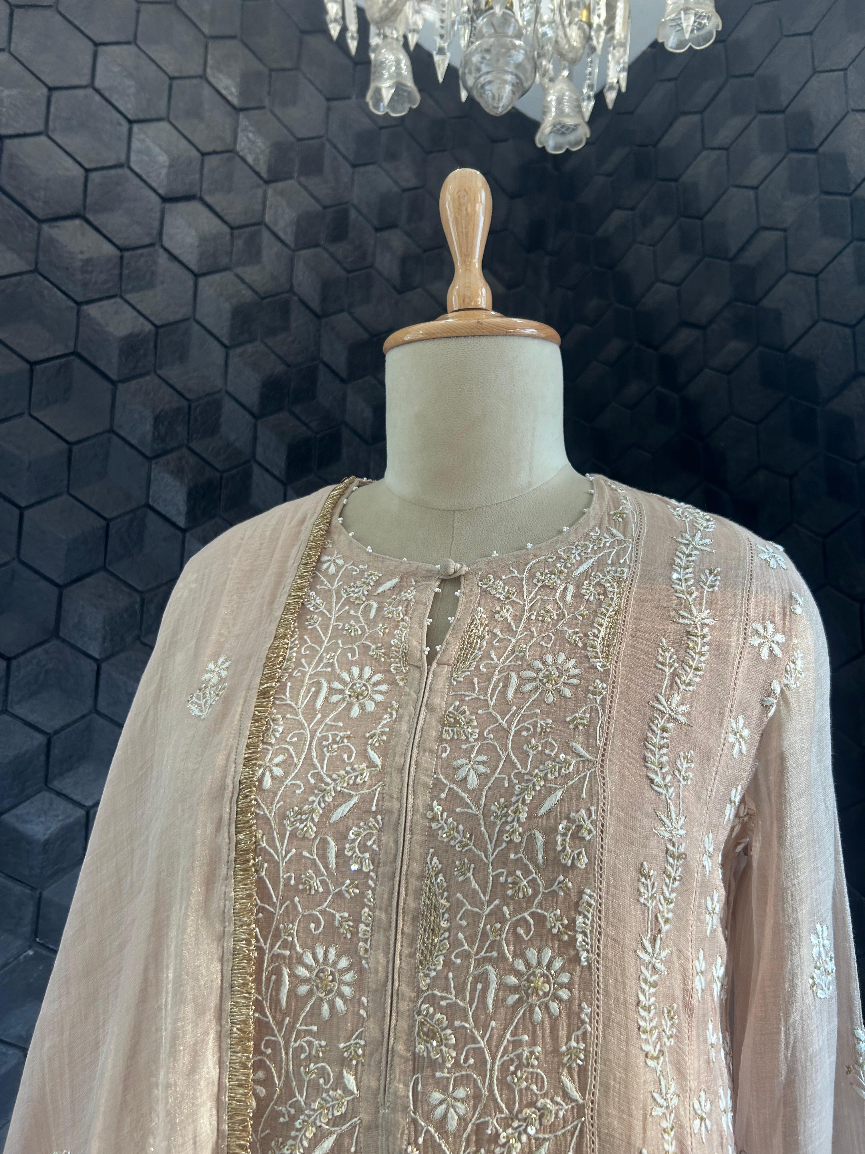 Pink Tissue Chikankari Suit Set