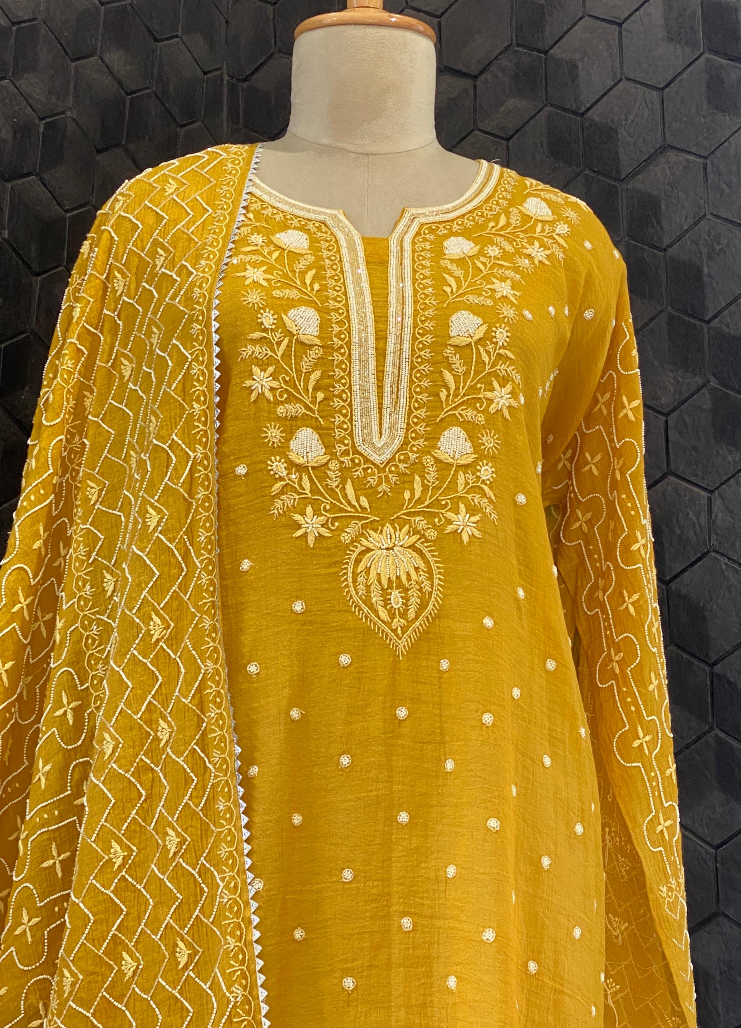 Mustard Golden Tissue Chikankari Kurta Set