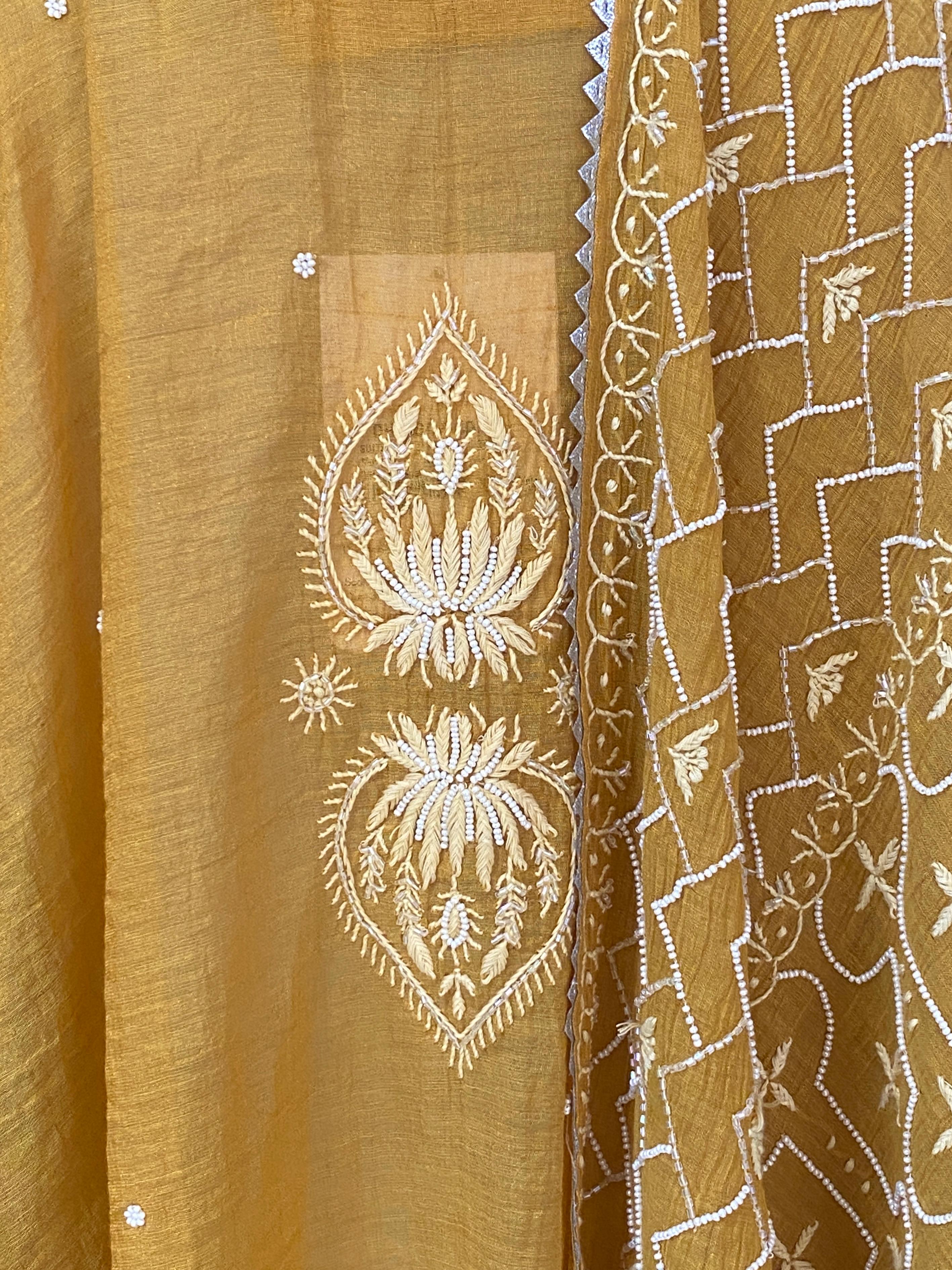 Mustard Golden Tissue Chikankari Kurta Set