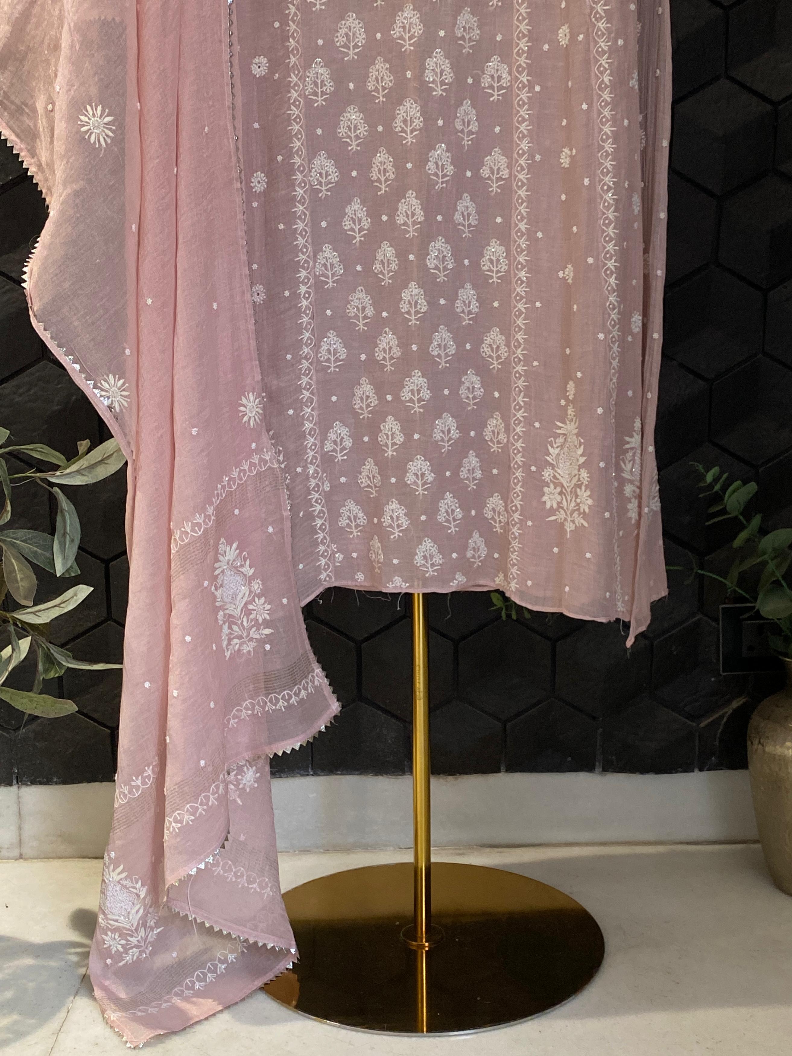 Pink Silver Tissue Chikankari Anarkali  Set
