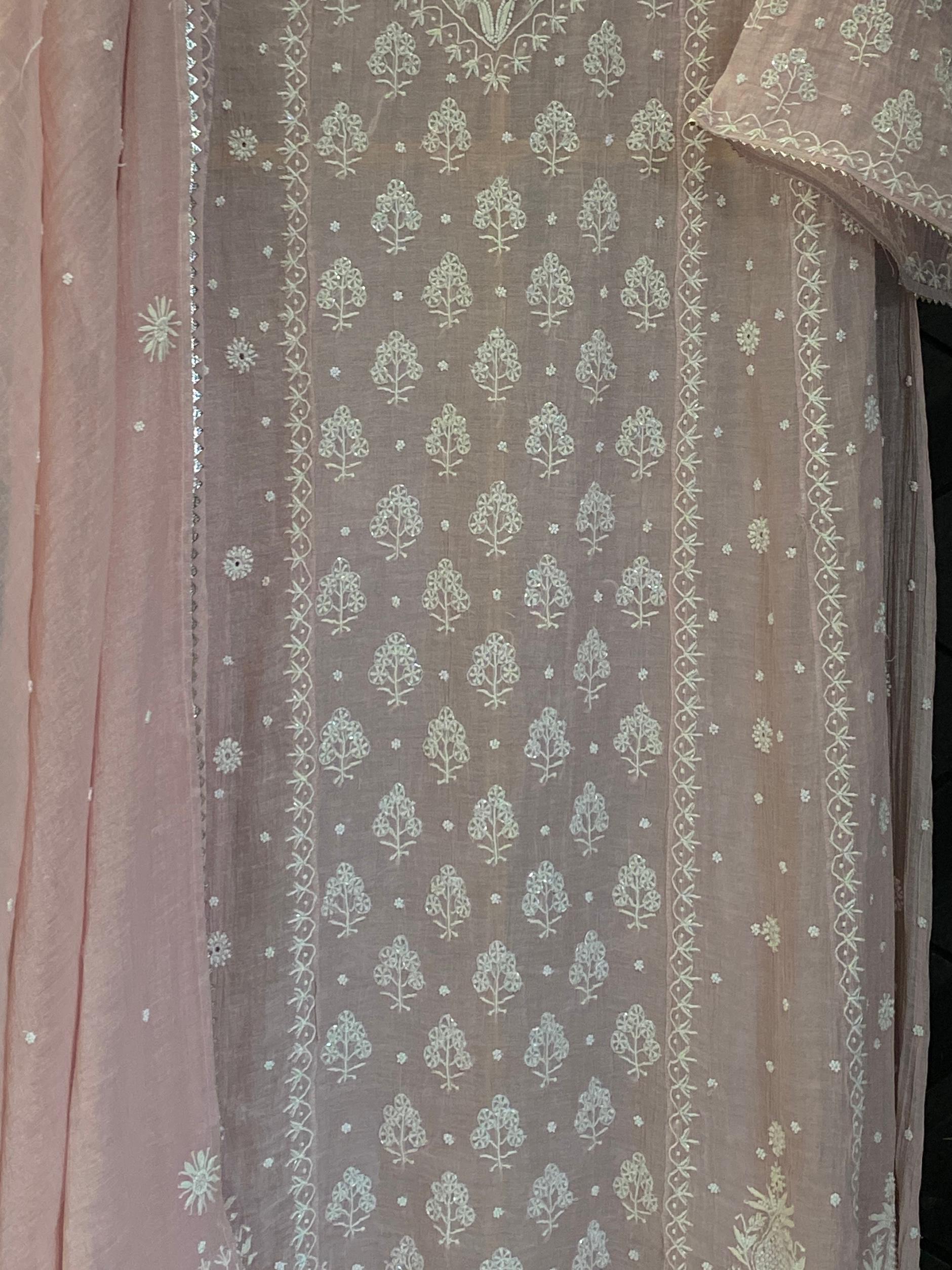 Pink Silver Tissue Chikankari Anarkali  Set