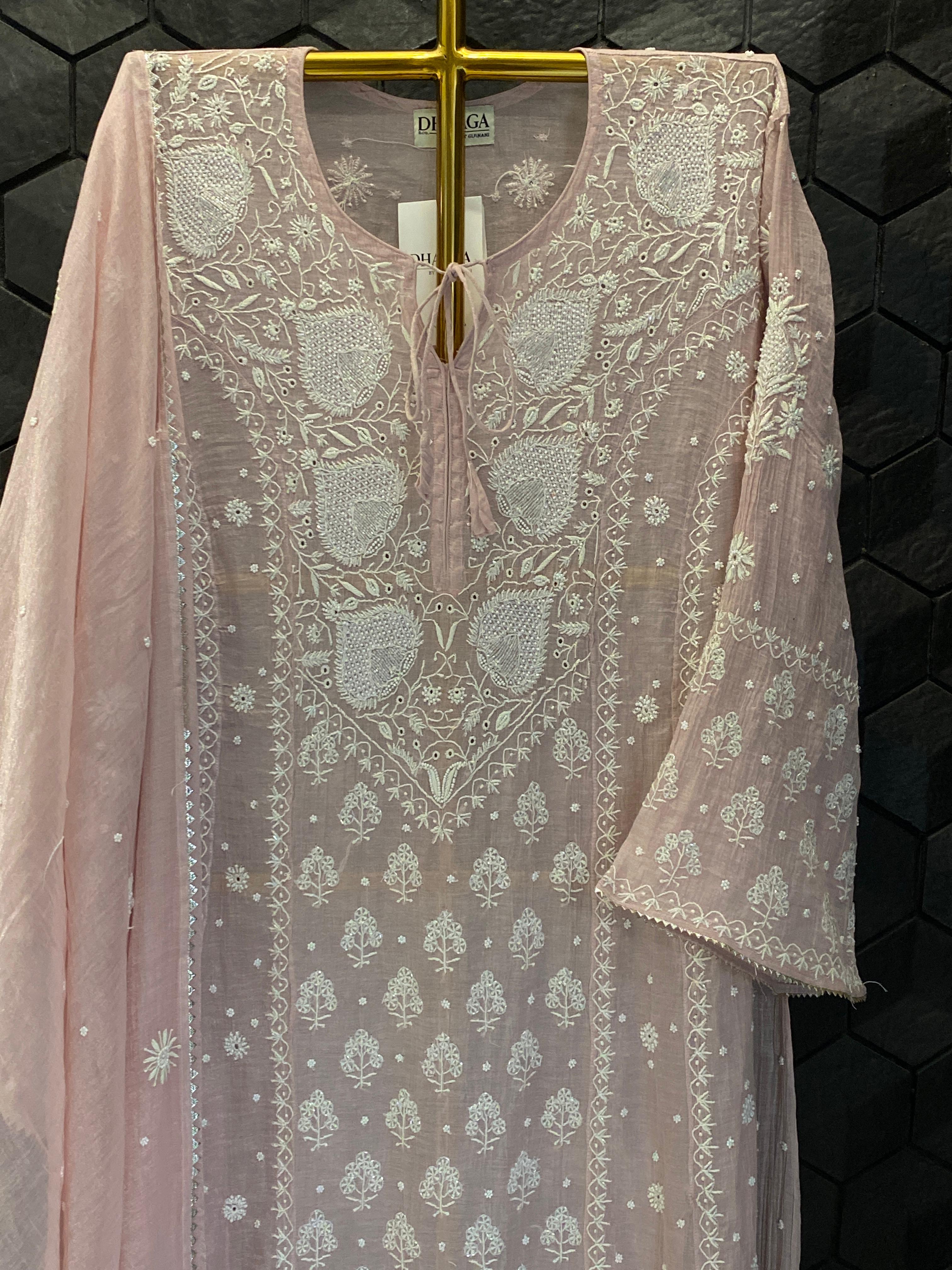 Pink Silver Tissue Chikankari Anarkali  Set