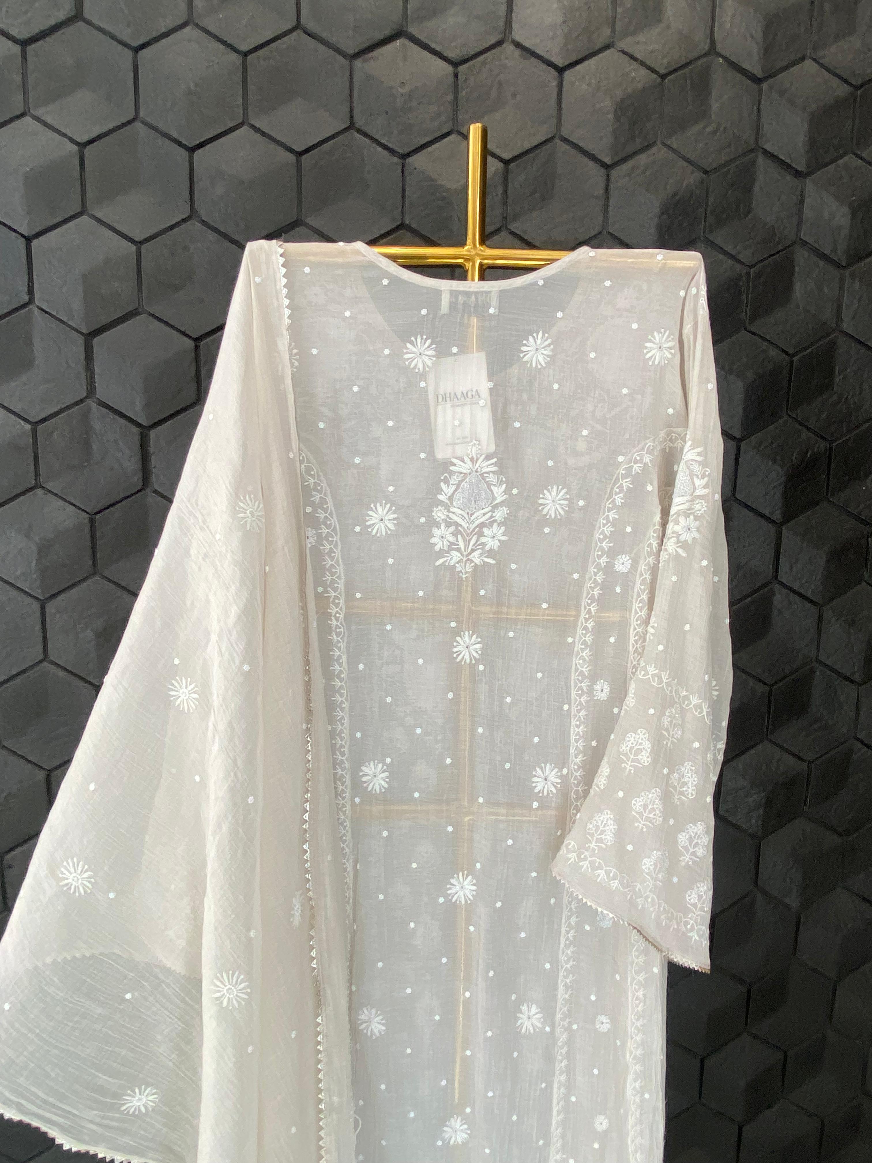 Beige Munga Silk Chikankari Kurta Set