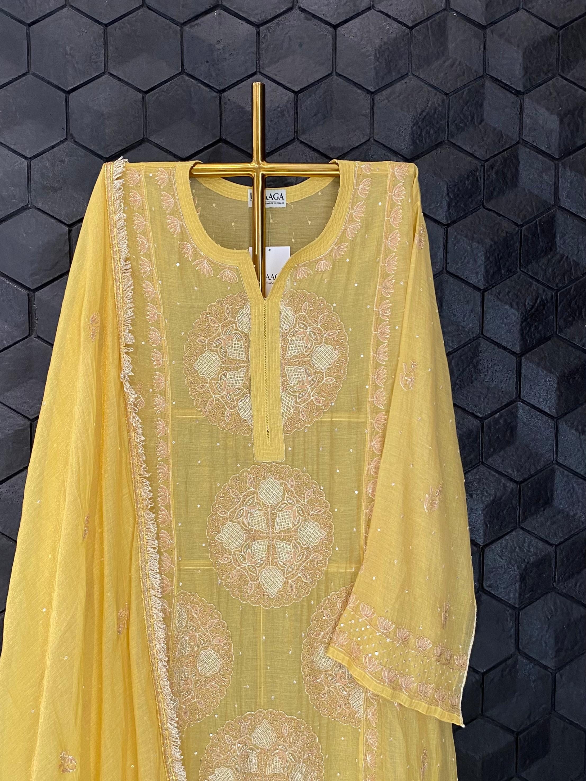 Yellow Golden Tissue Chikankari Kurta Set