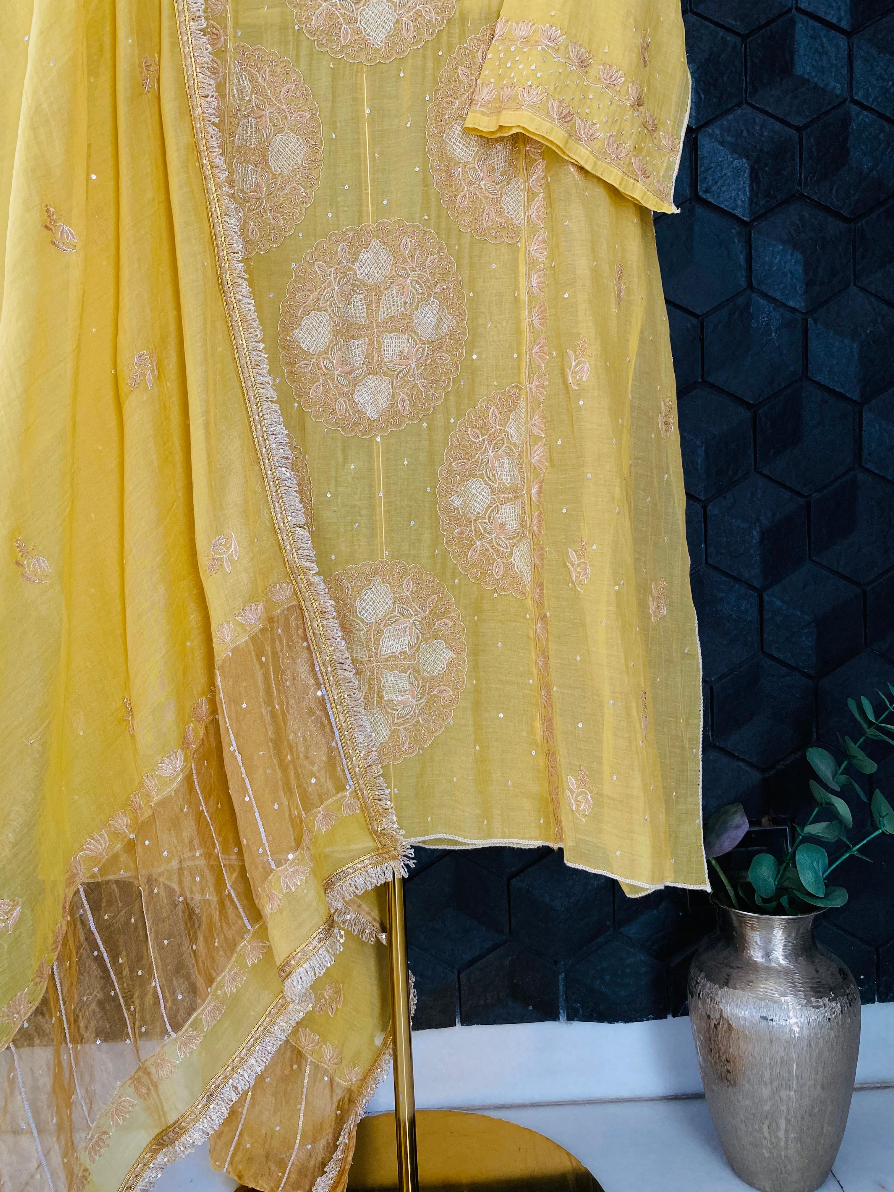 Yellow Golden Tissue Chikankari Kurta Set