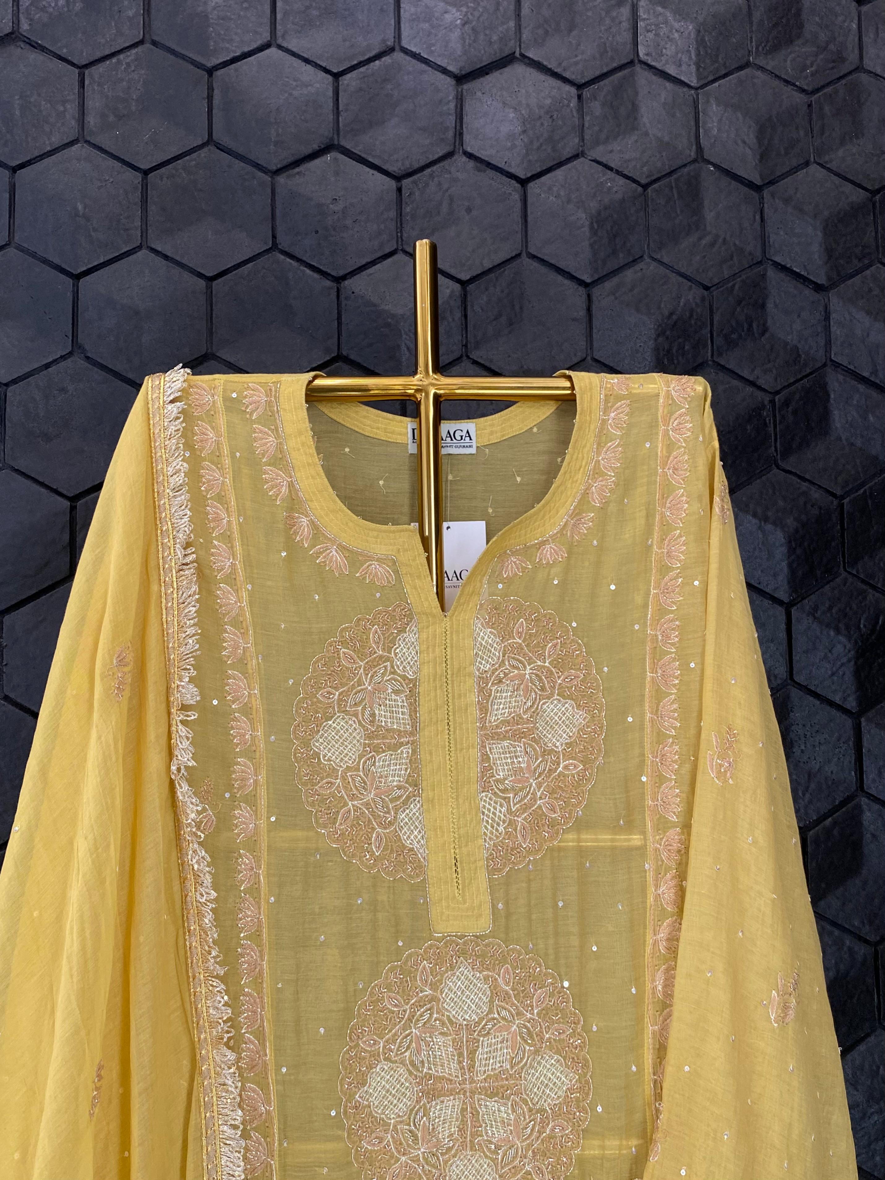 Yellow Golden Tissue Chikankari Kurta Set