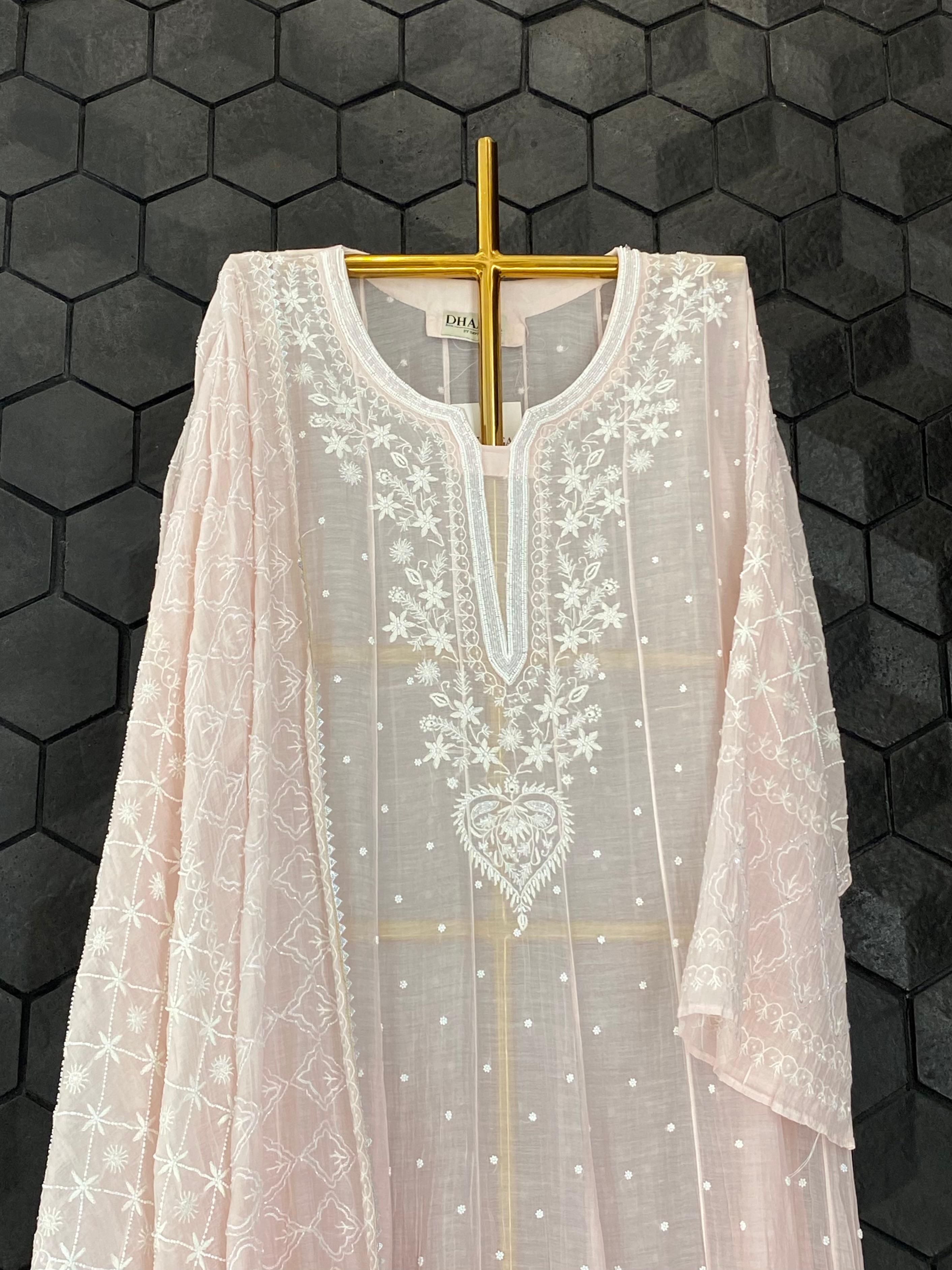 Pink Mul Chanderi Chikankari Anarkali Set