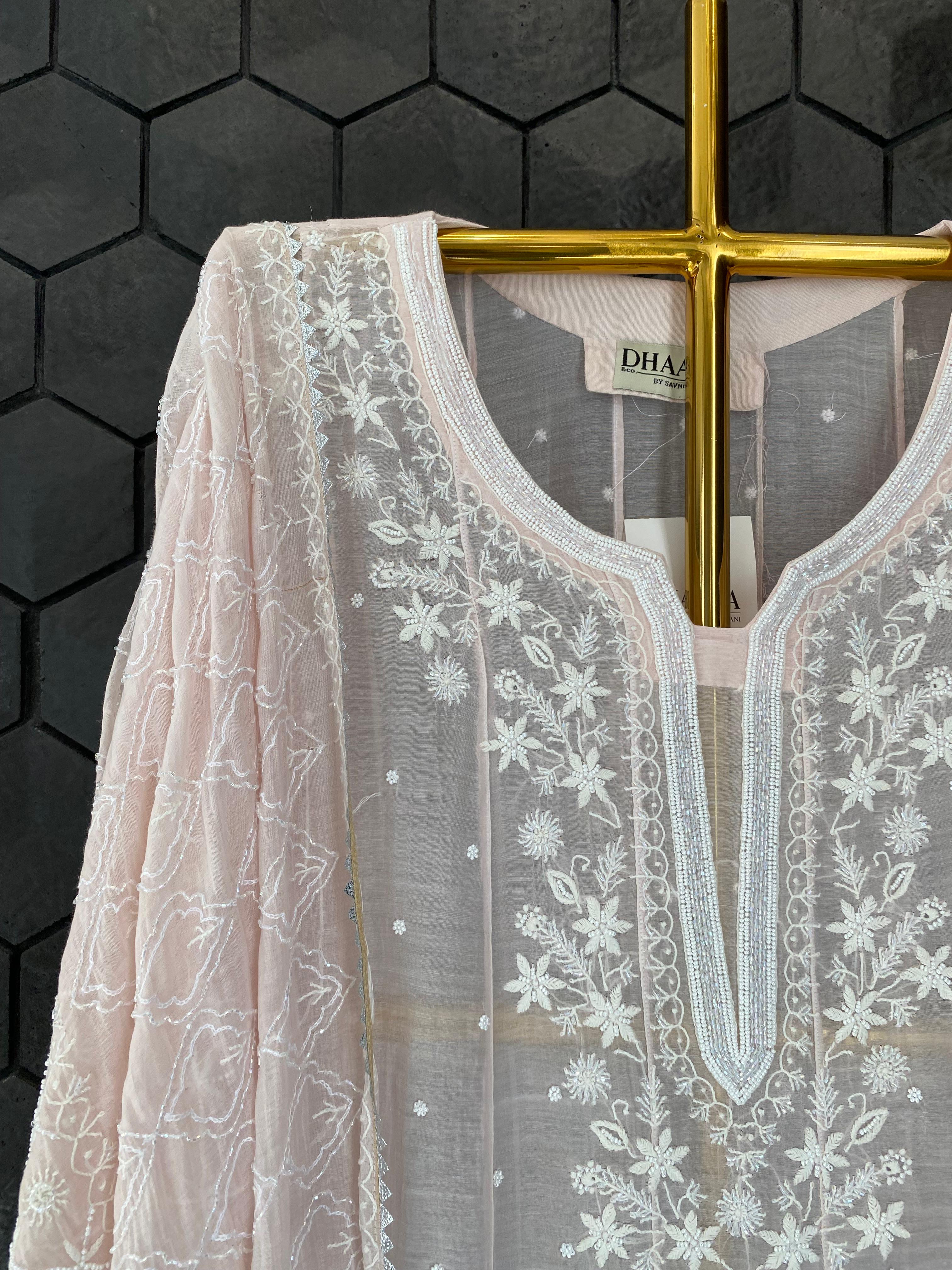 Pink Mul Chanderi Chikankari Anarkali Set