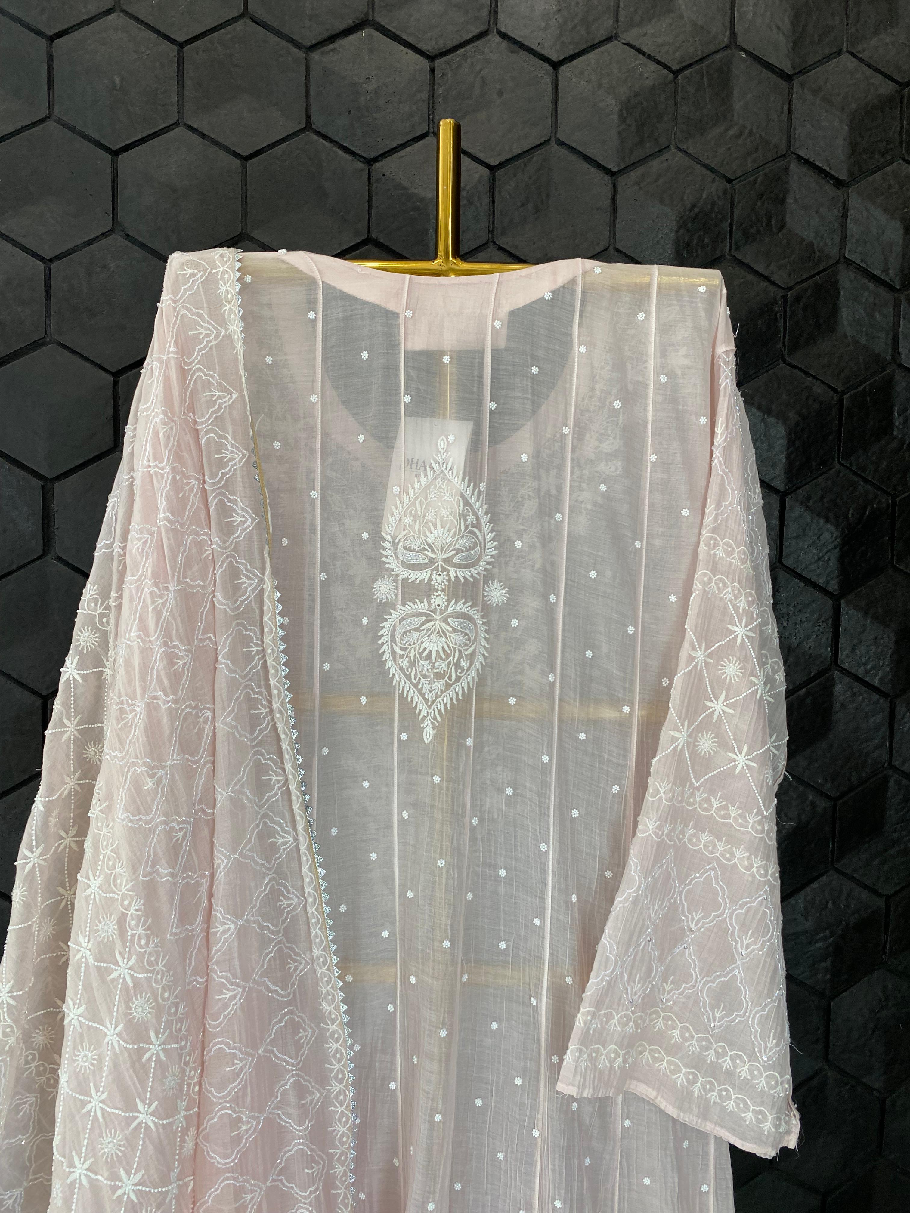 Pink Mul Chanderi Chikankari Anarkali Set