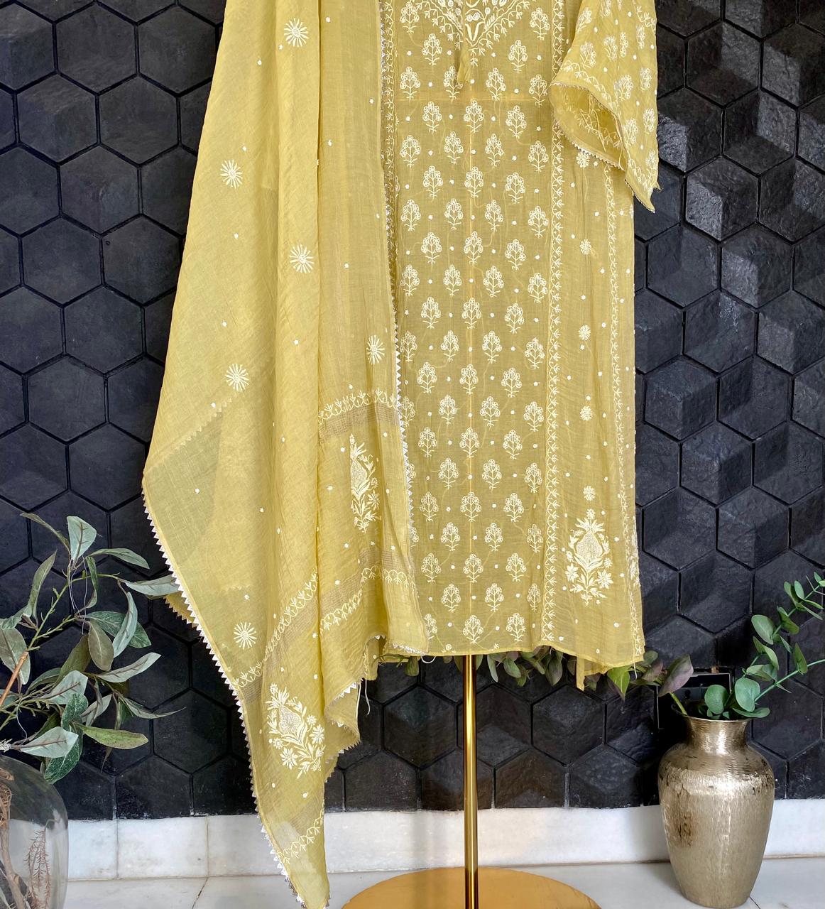 Lime Green Silver Tissue Chikankari Anarkali Set