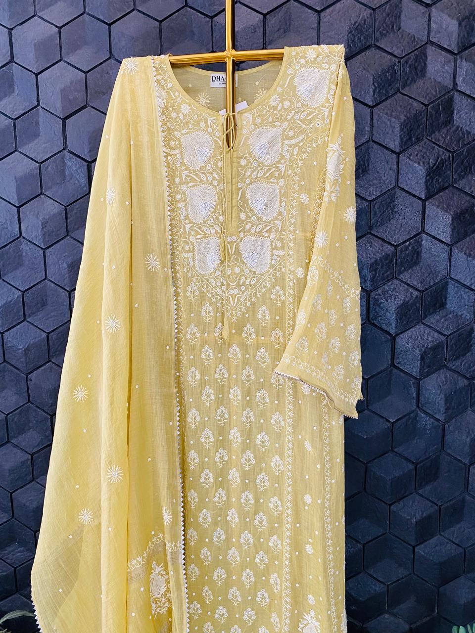 Lime Green Silver Tissue Chikankari Anarkali Set