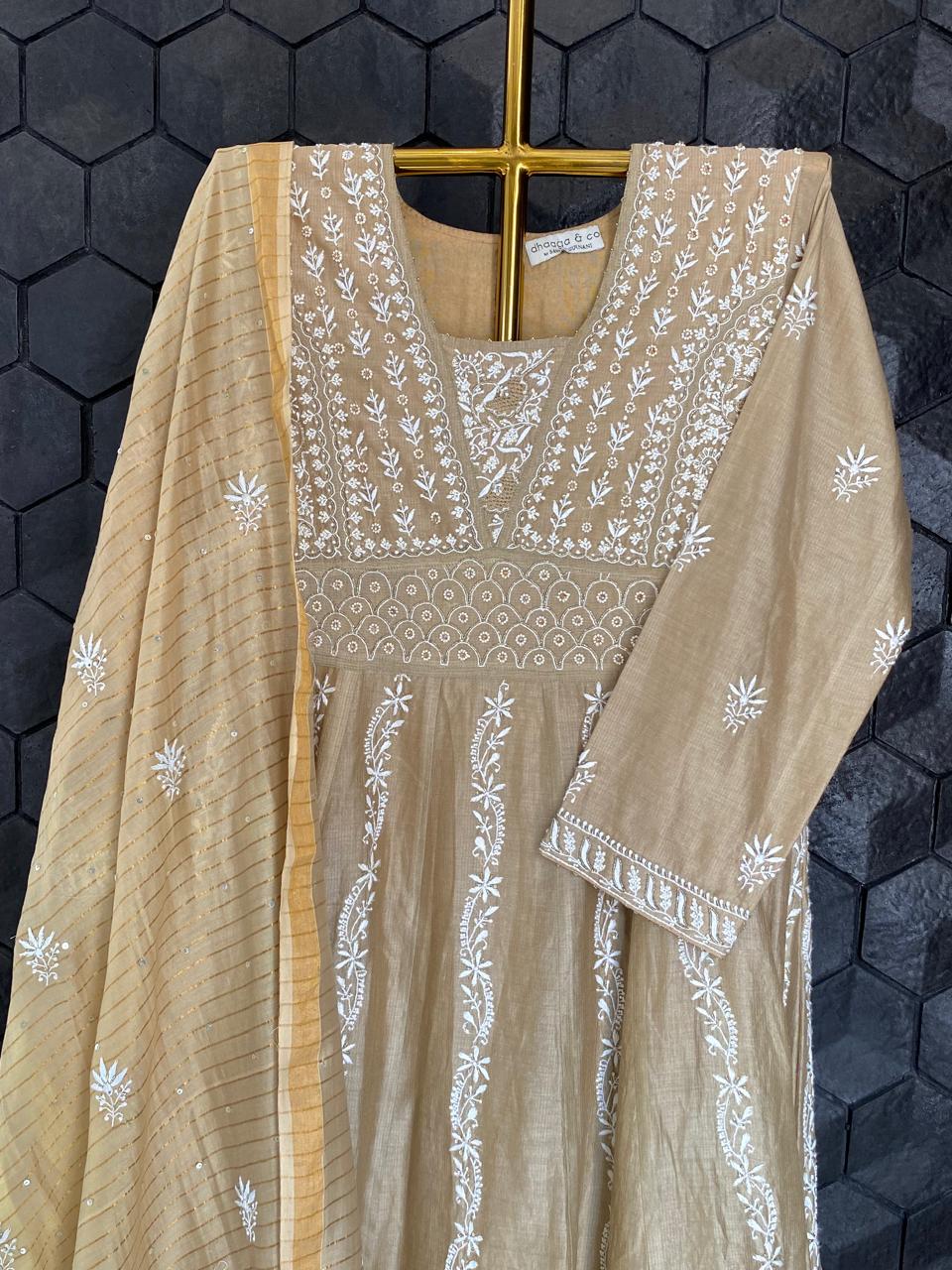Brown Striped Tissue Chikankari Kurta Set