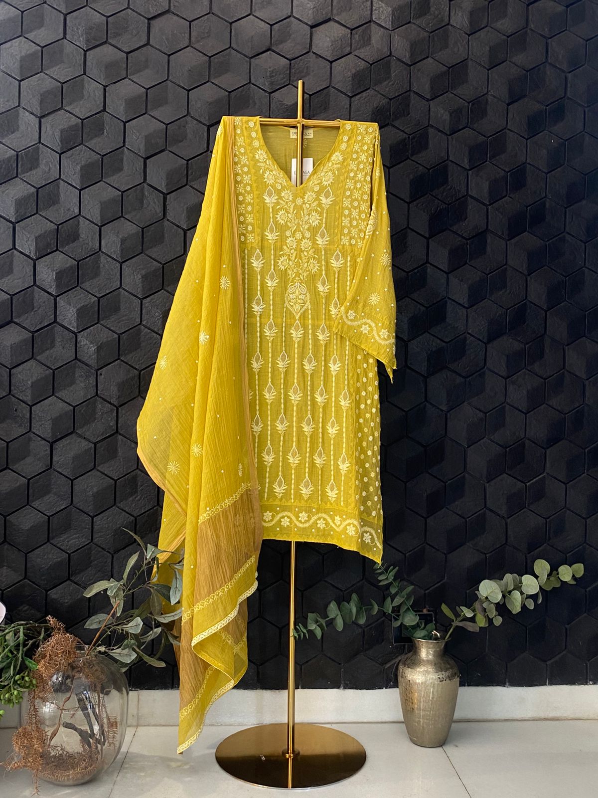 Lime Green  Tissue Chikankari Kurta Set