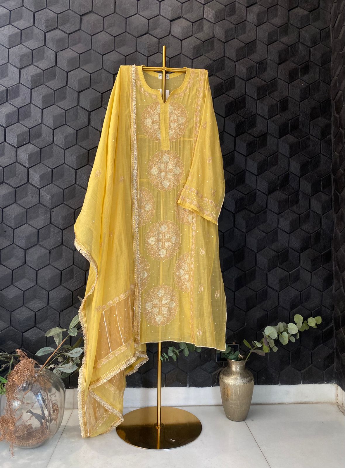 Yellow Golden Tissue Chikankari Kurta Set