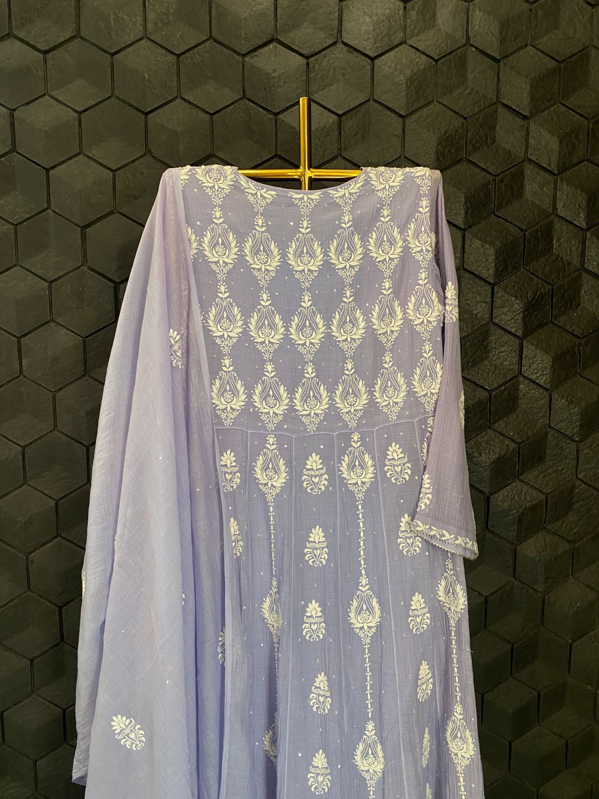 Lilac Mul Chanderi Chikankari Anarkali Set