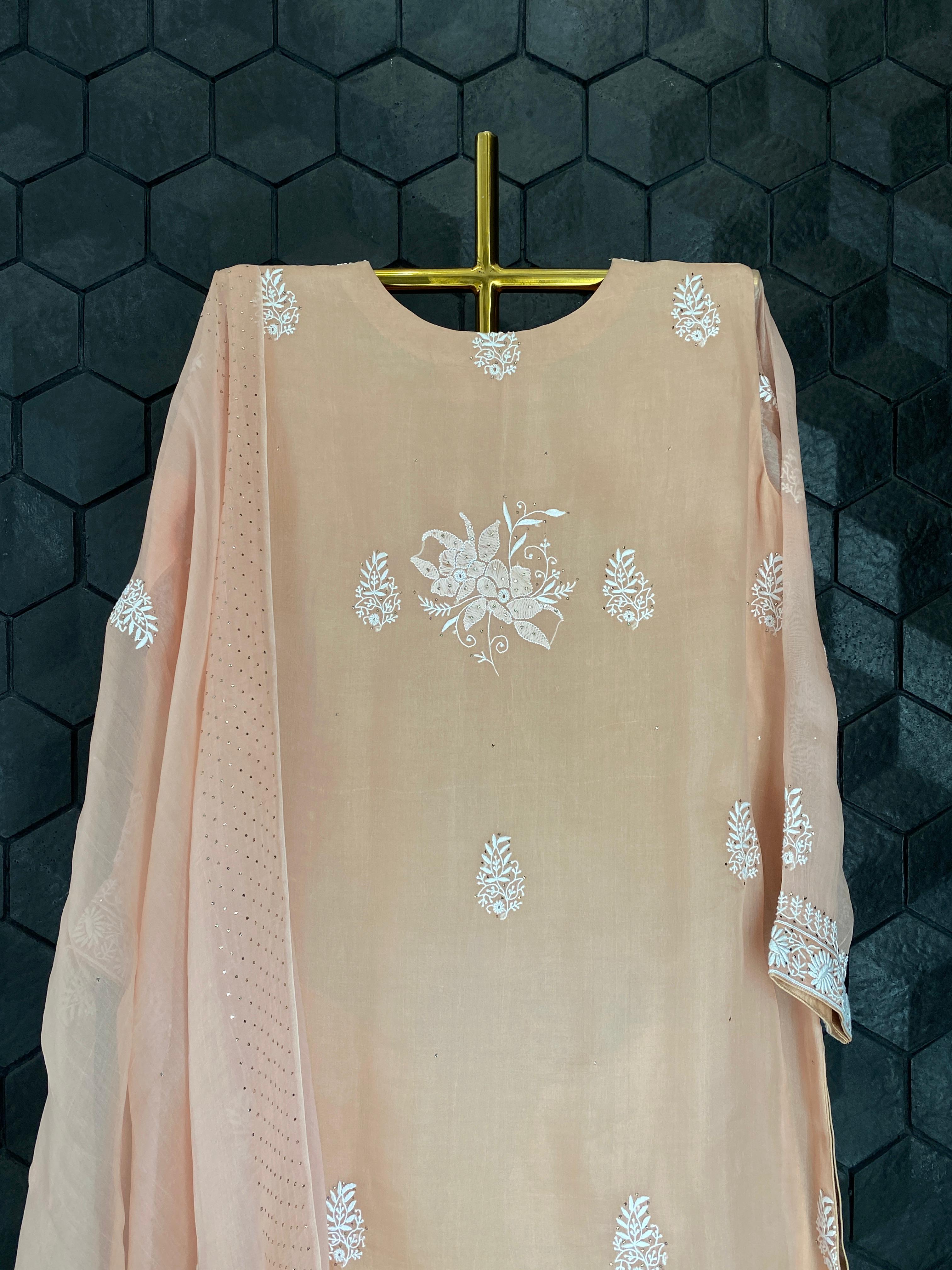 Peach Organza Chikankari Suit  Set