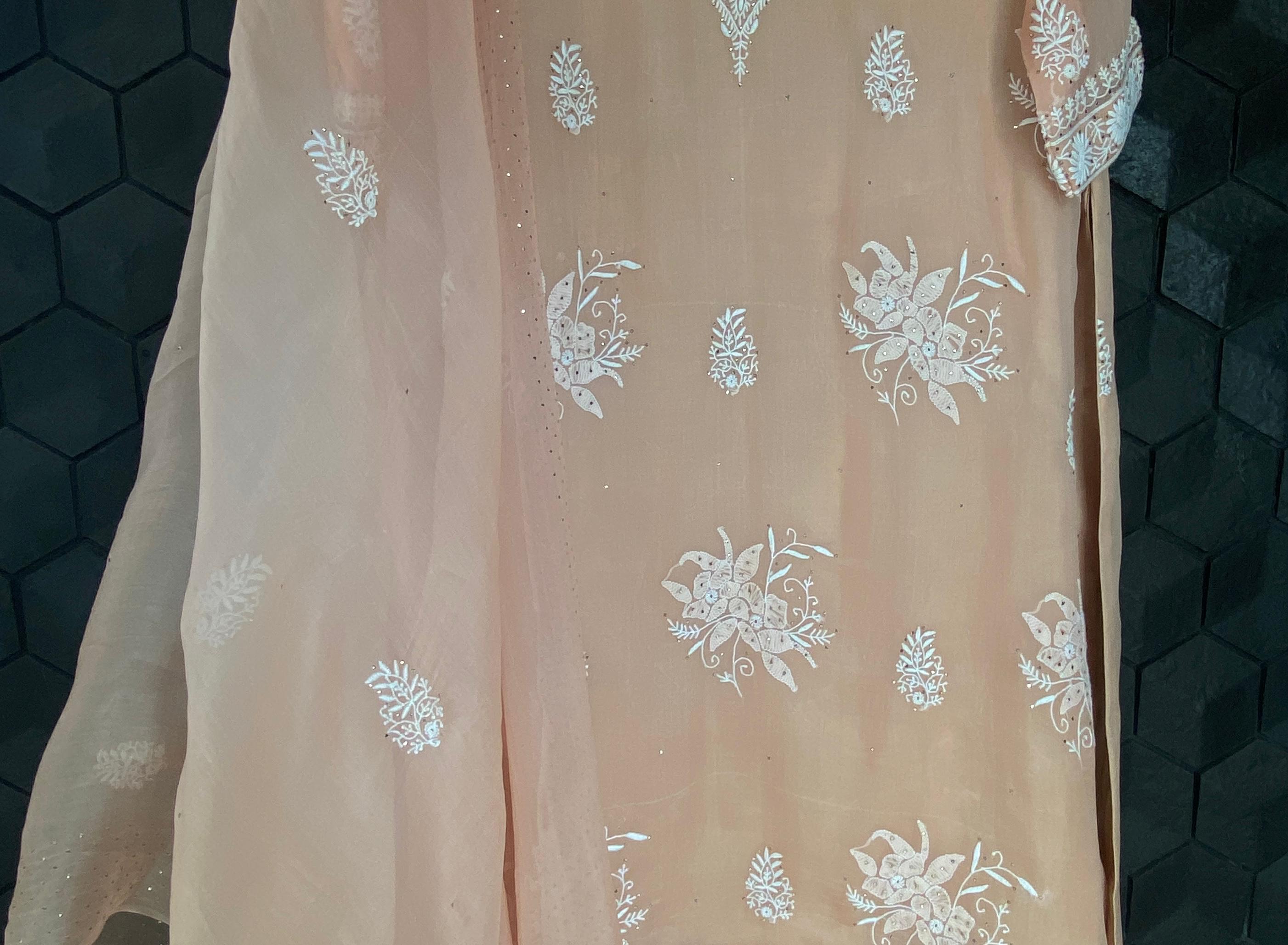 Peach Organza Chikankari Suit  Set