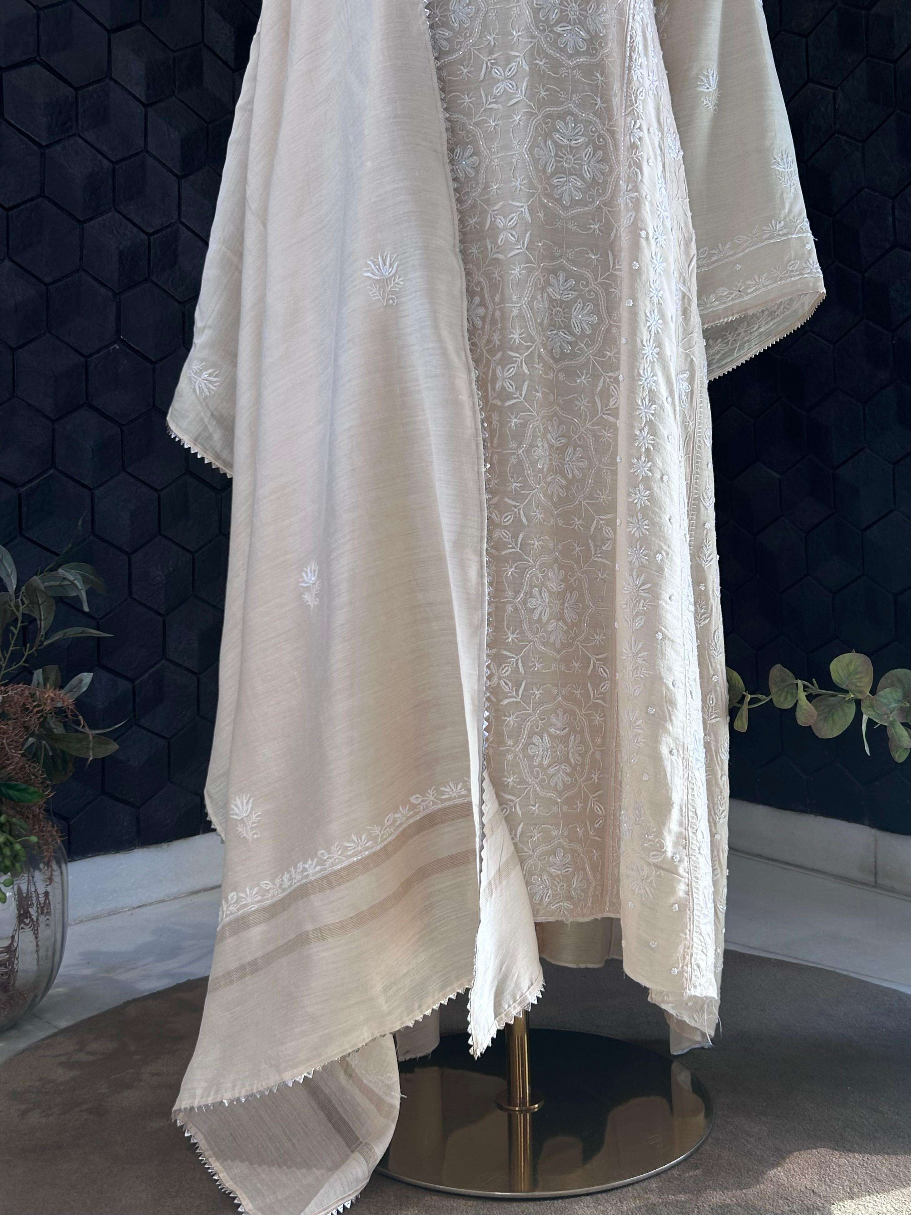 Beige Munga Silk Chikankari Anarkali Set