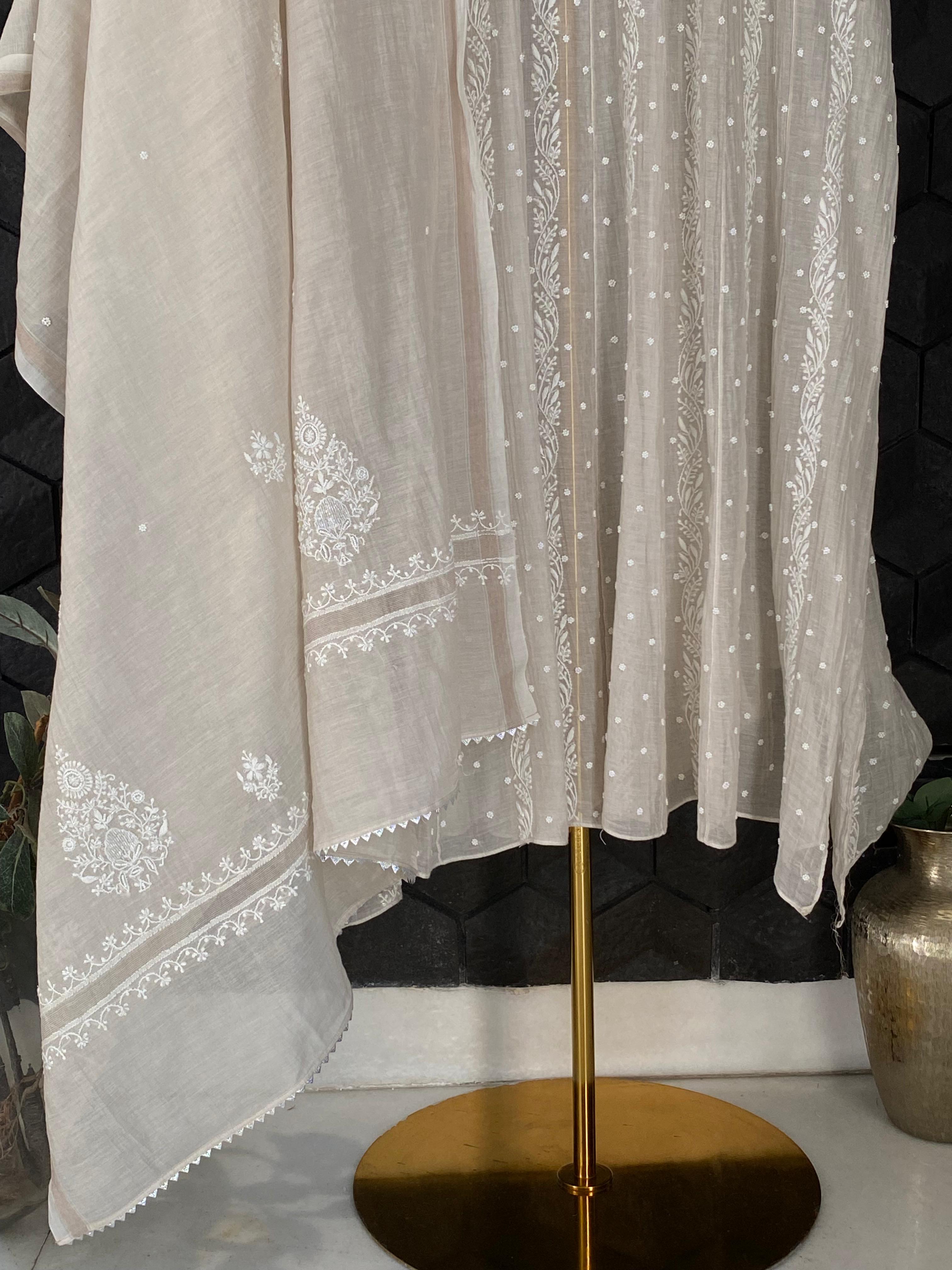 Silver Tissue Chikankari Anarkali Set