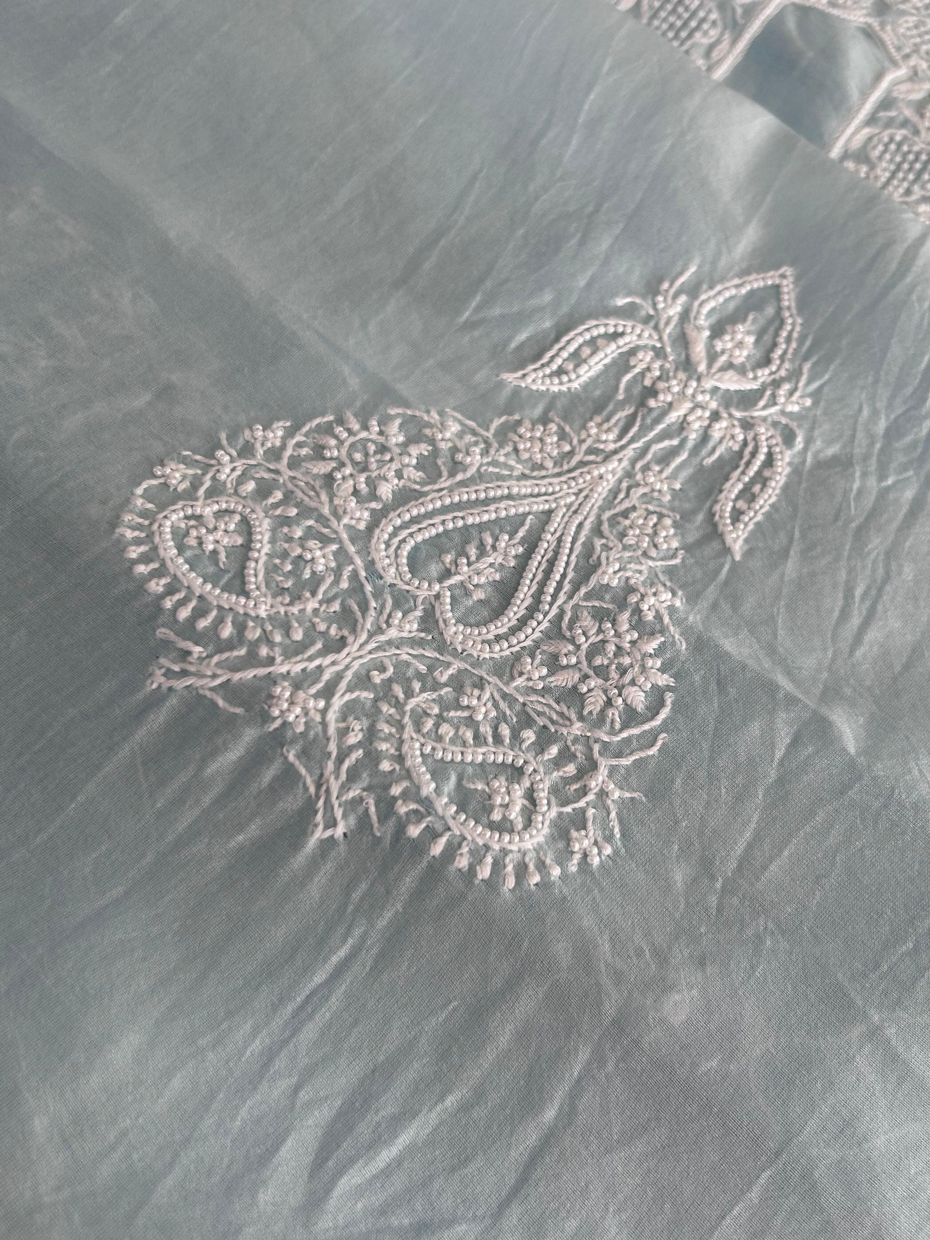 Sky Blue Mens Chanderi Chikankari Kurta